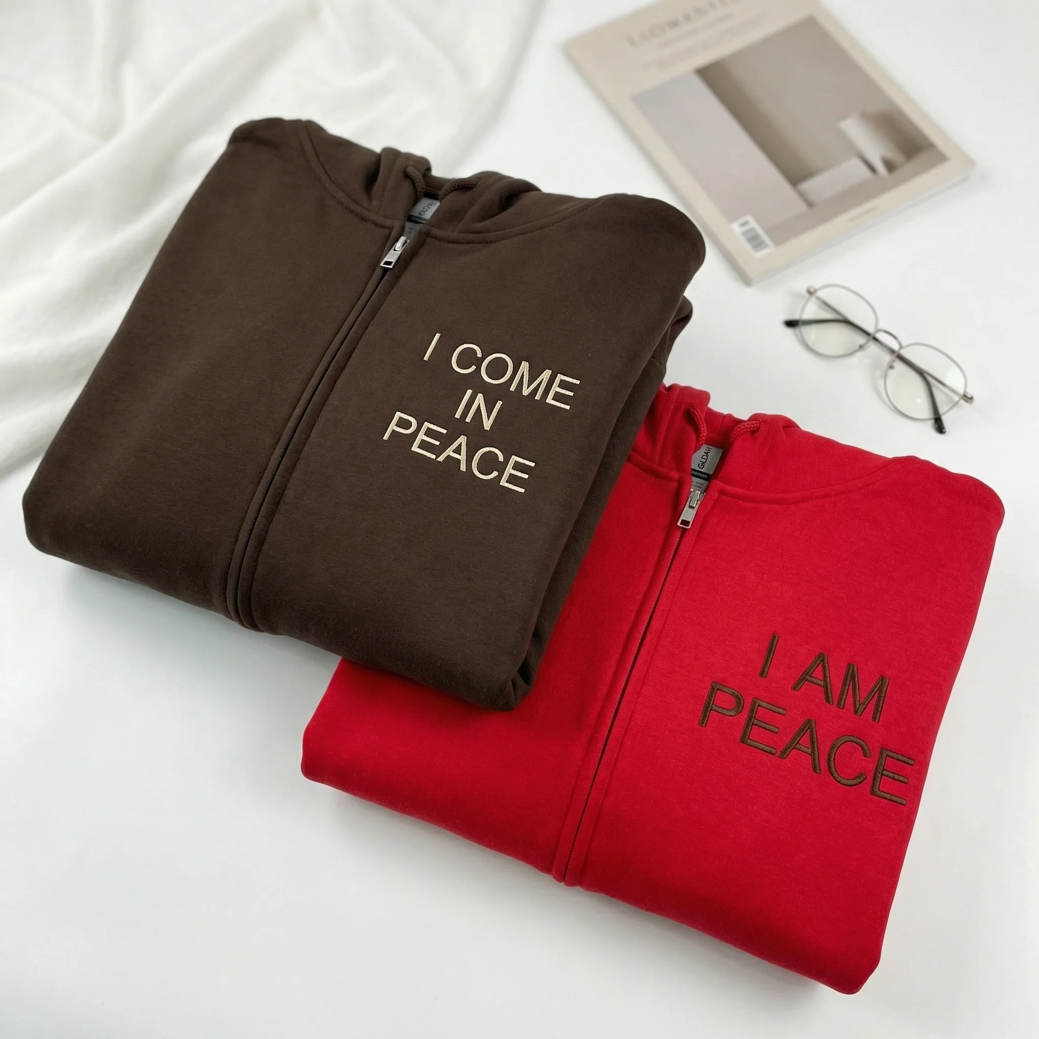 Custom Embroidered I Come In Peace Matching Quarter Zip Sweatshirts & Full-Zip Hoodie for Couples - Image 2