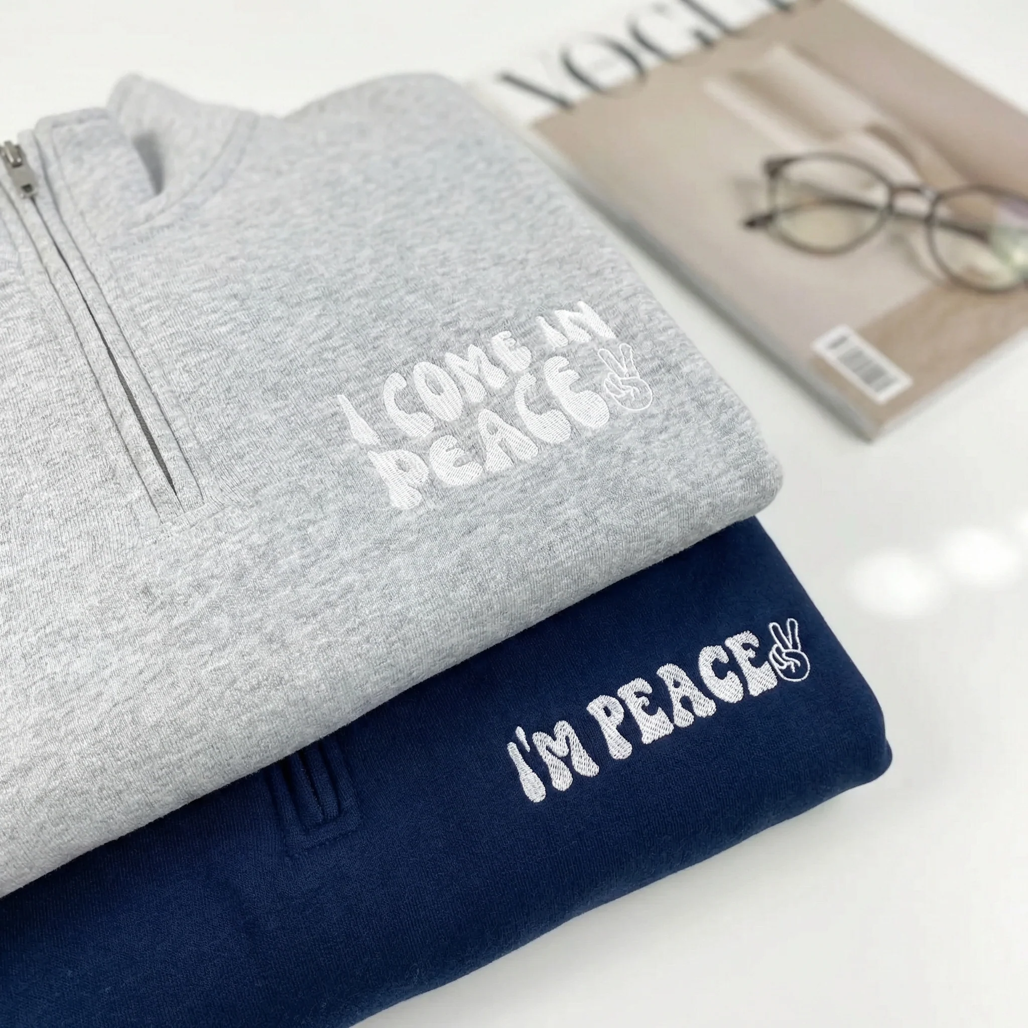 Custom Embroidered I Come In Peace Matching Quarter Zip Sweatshirts & Full-Zip Hoodie for Couples - Image 3