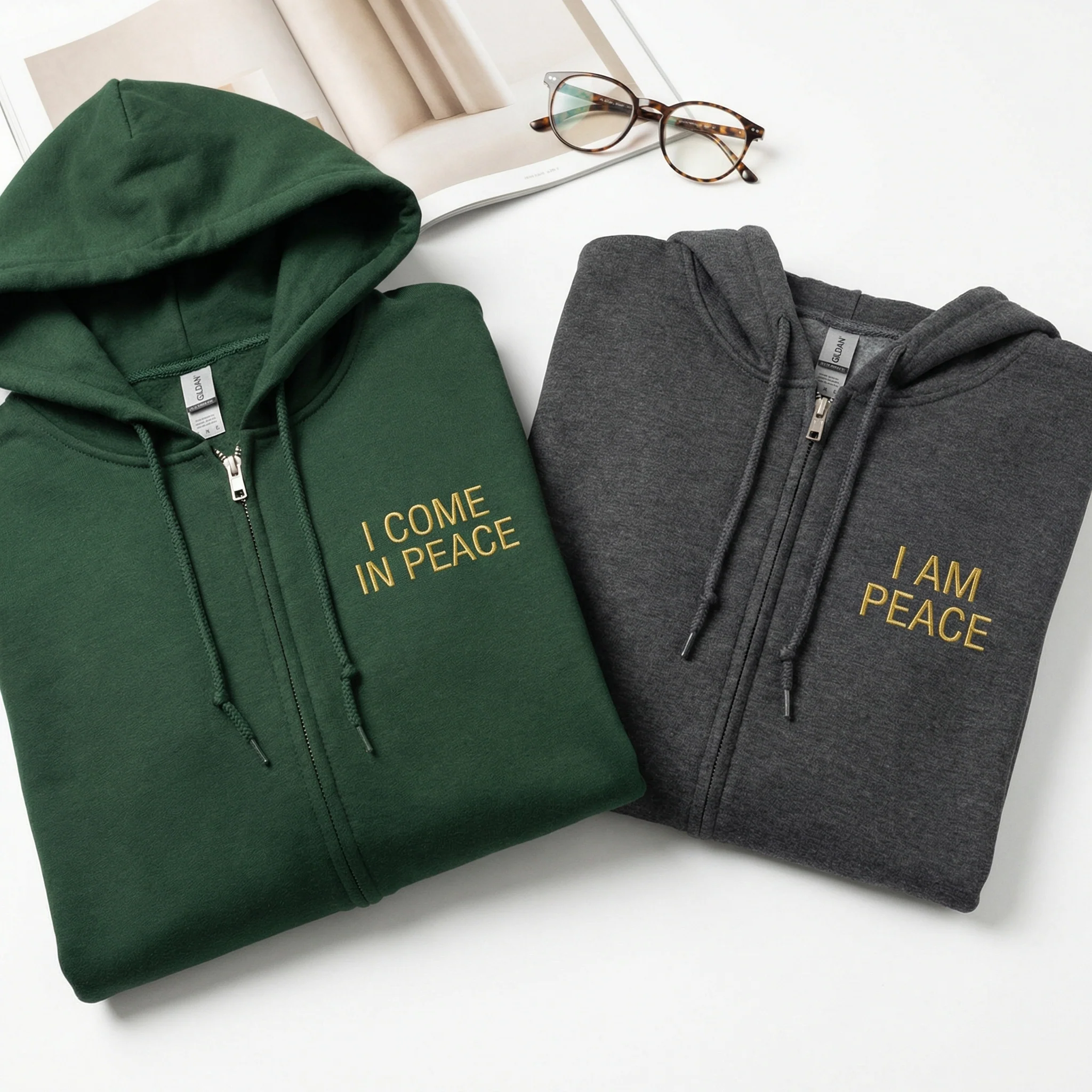 Custom Embroidered I Come In Peace Matching Quarter Zip Sweatshirts & Full-Zip Hoodie for Couples - Image 4