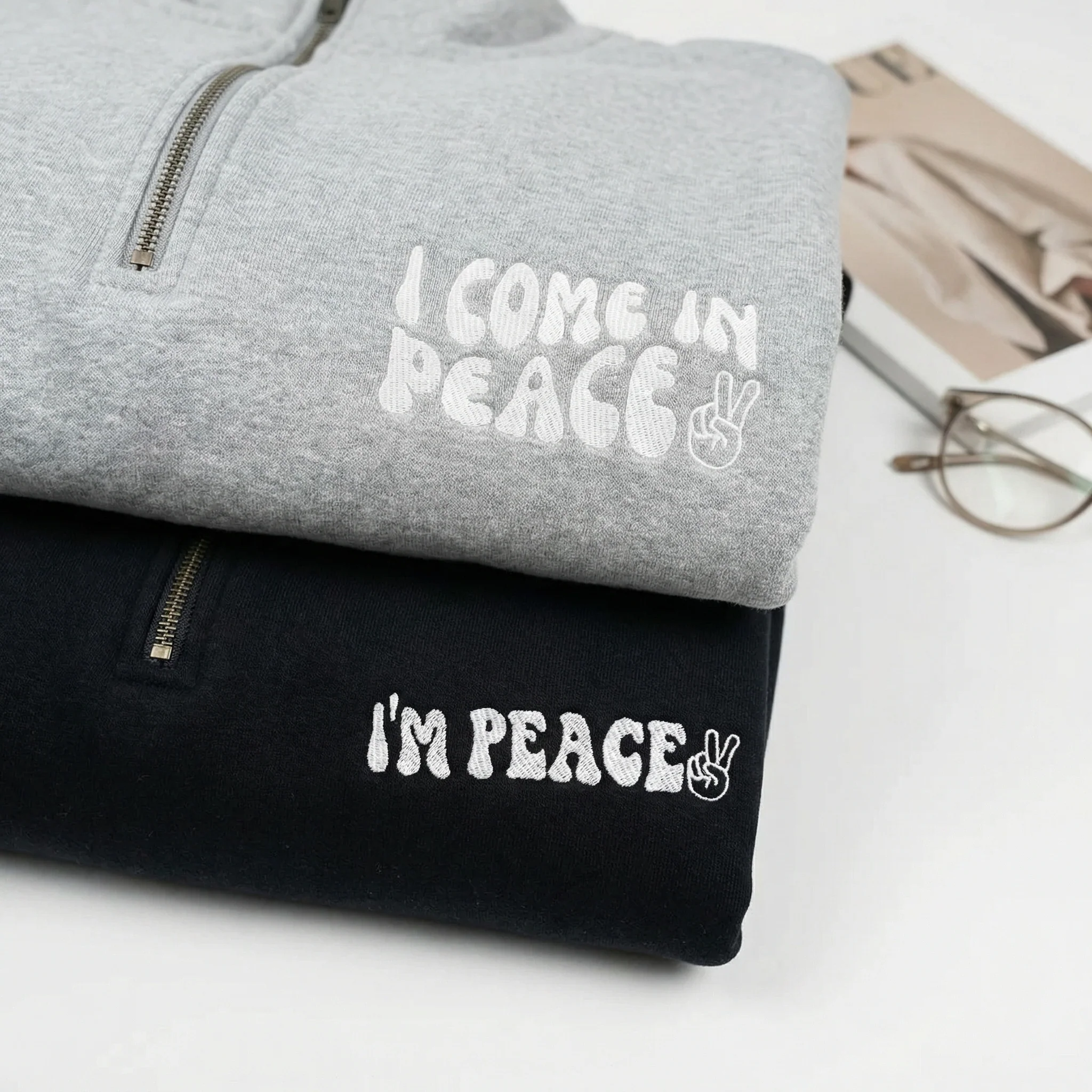 Custom Embroidered I Come In Peace Matching Quarter Zip Sweatshirts & Full-Zip Hoodie for Couples - Image 5