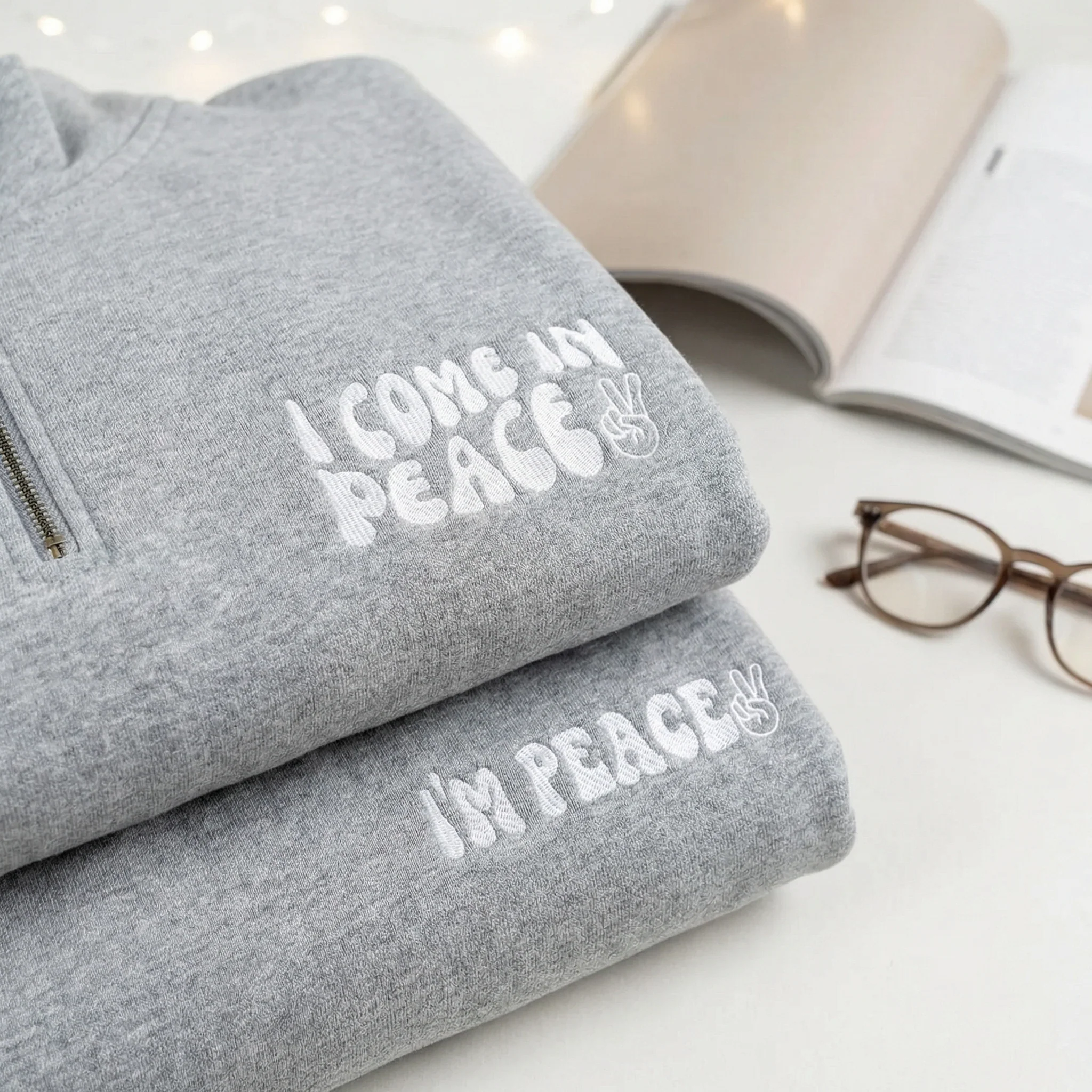 Custom Embroidered I Come In Peace Matching Quarter Zip Sweatshirts & Full-Zip Hoodie for Couples - Image 6