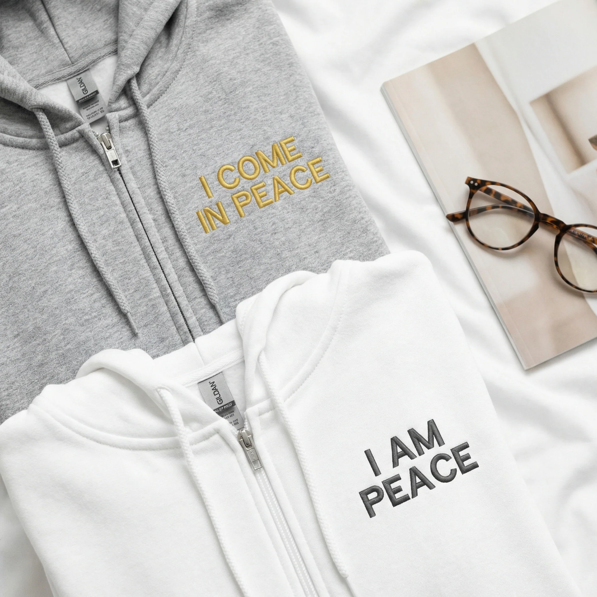 Custom Embroidered I Come In Peace Matching Quarter Zip Sweatshirts & Full-Zip Hoodie for Couples - Image 7