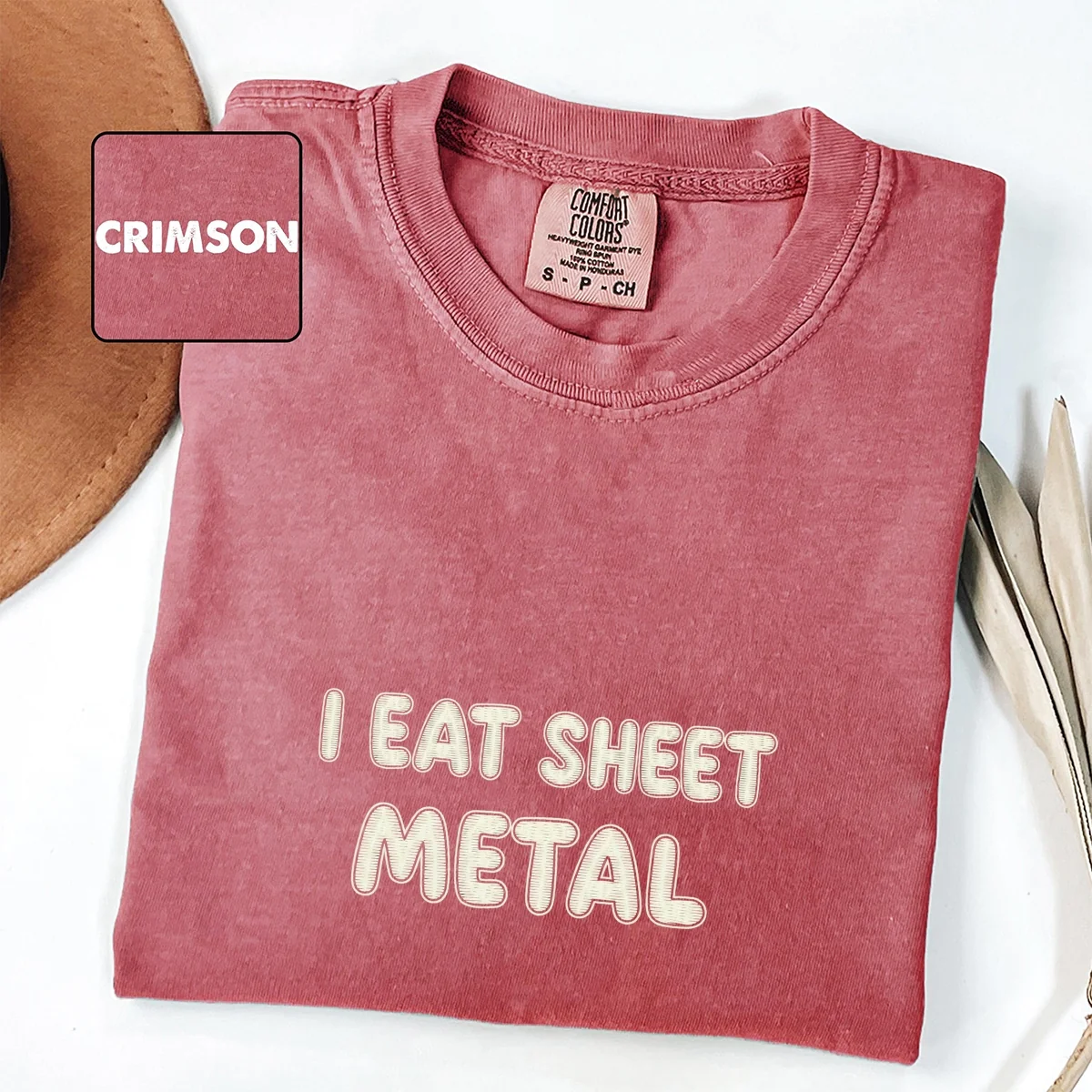 Custom Embroidered I Eat Sheet Metal T-Shirt | Ironic Meme Tee – Funny Embroidered Gift for Her - Image 2