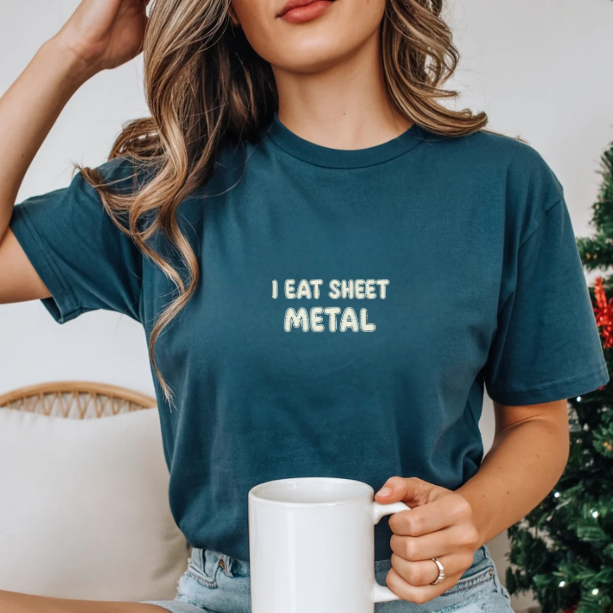 Custom Embroidered I Eat Sheet Metal T-Shirt | Ironic Meme Tee – Funny Embroidered Gift for Her - Image 6