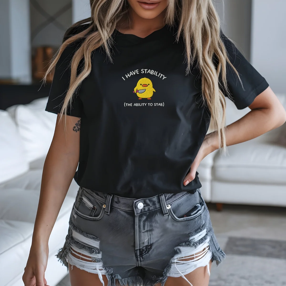 Custom Embroidered I Have Stability T-Shirt – Funny Duck Embroidered Tee - Image 10