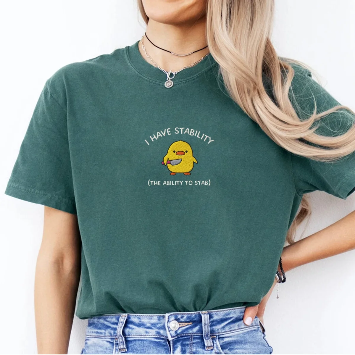 Custom Embroidered I Have Stability T-Shirt – Funny Duck Embroidered Tee - Image 6
