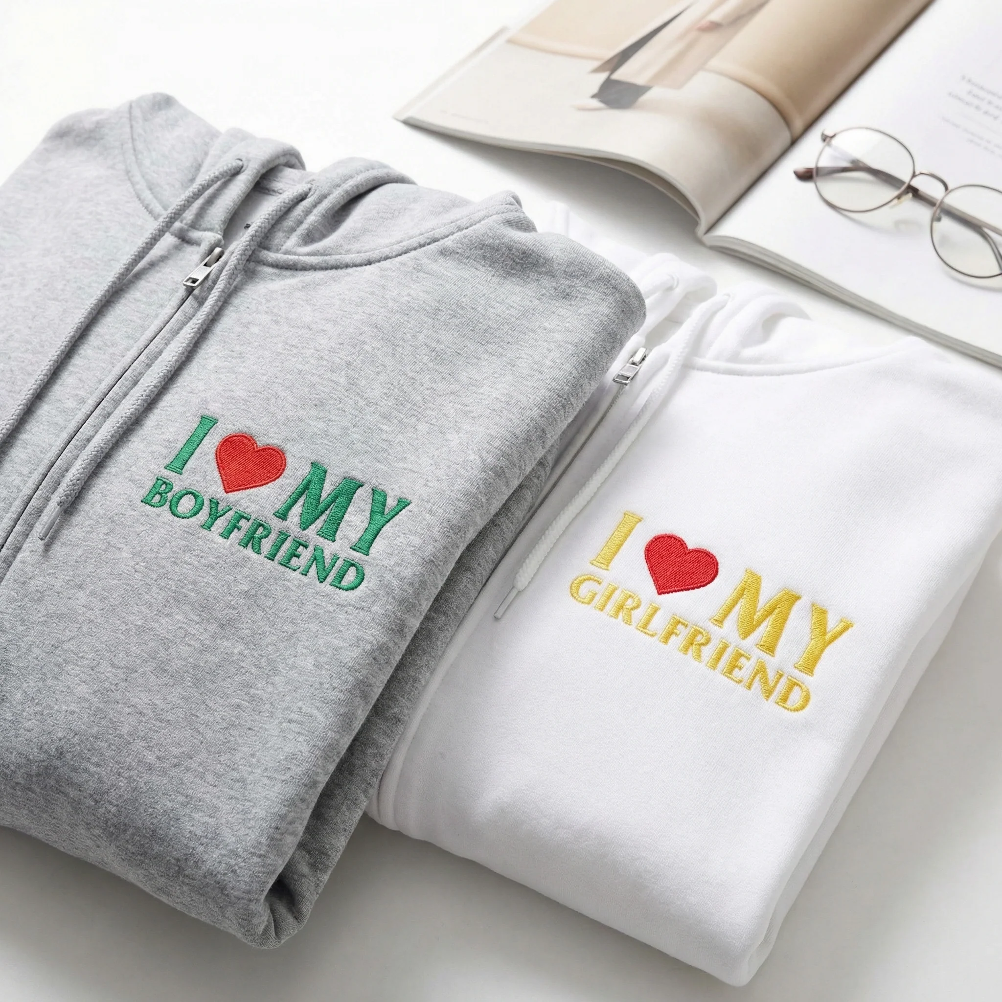 Custom Embroidered I Love My Boyfriend & I Love My Girlfriend Matching Quarter Zip Sweatshirts & Full-Zip Hoodie for Couples