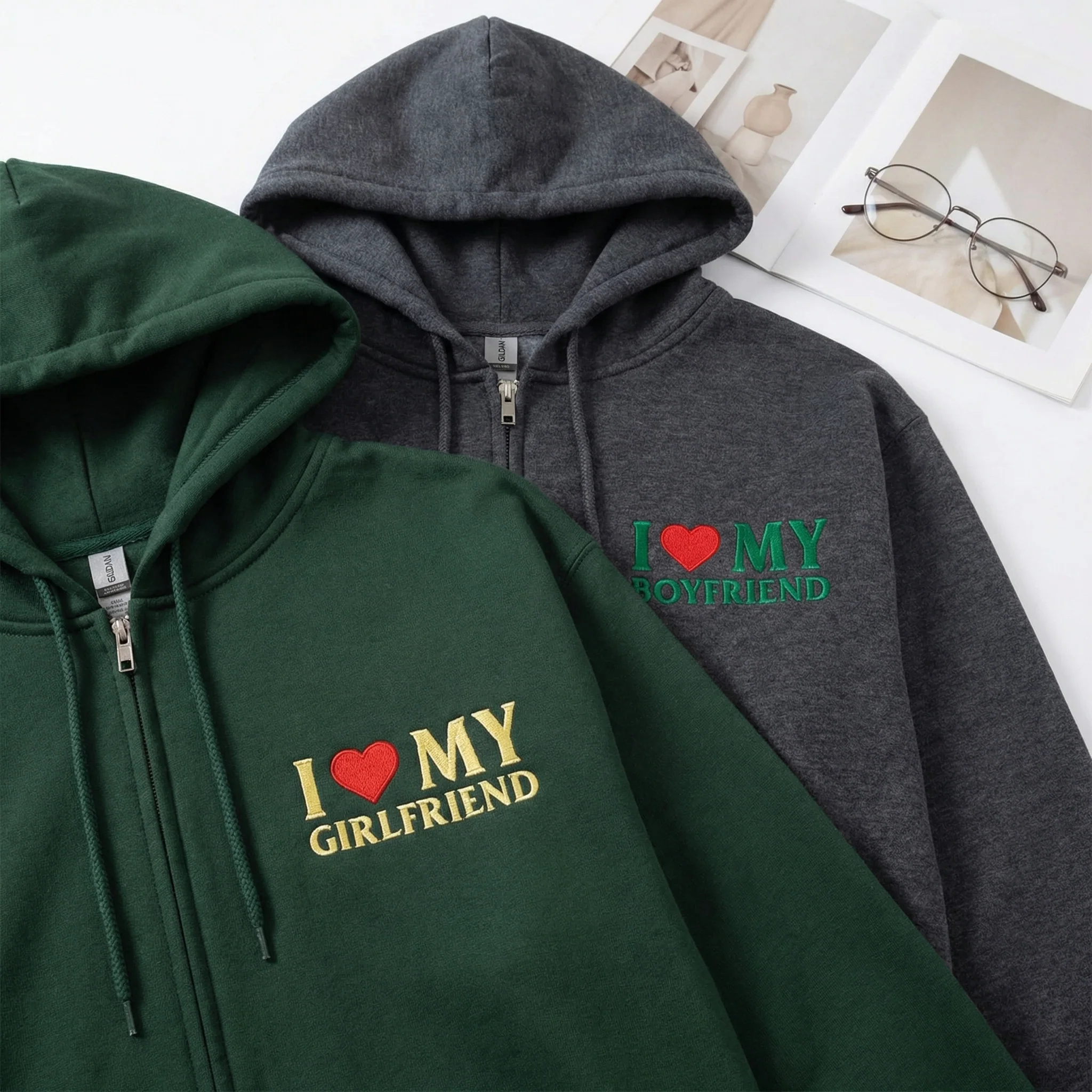Custom Embroidered I Love My Boyfriend & I Love My Girlfriend Matching Quarter Zip Sweatshirts & Full-Zip Hoodie for Couples - Image 2