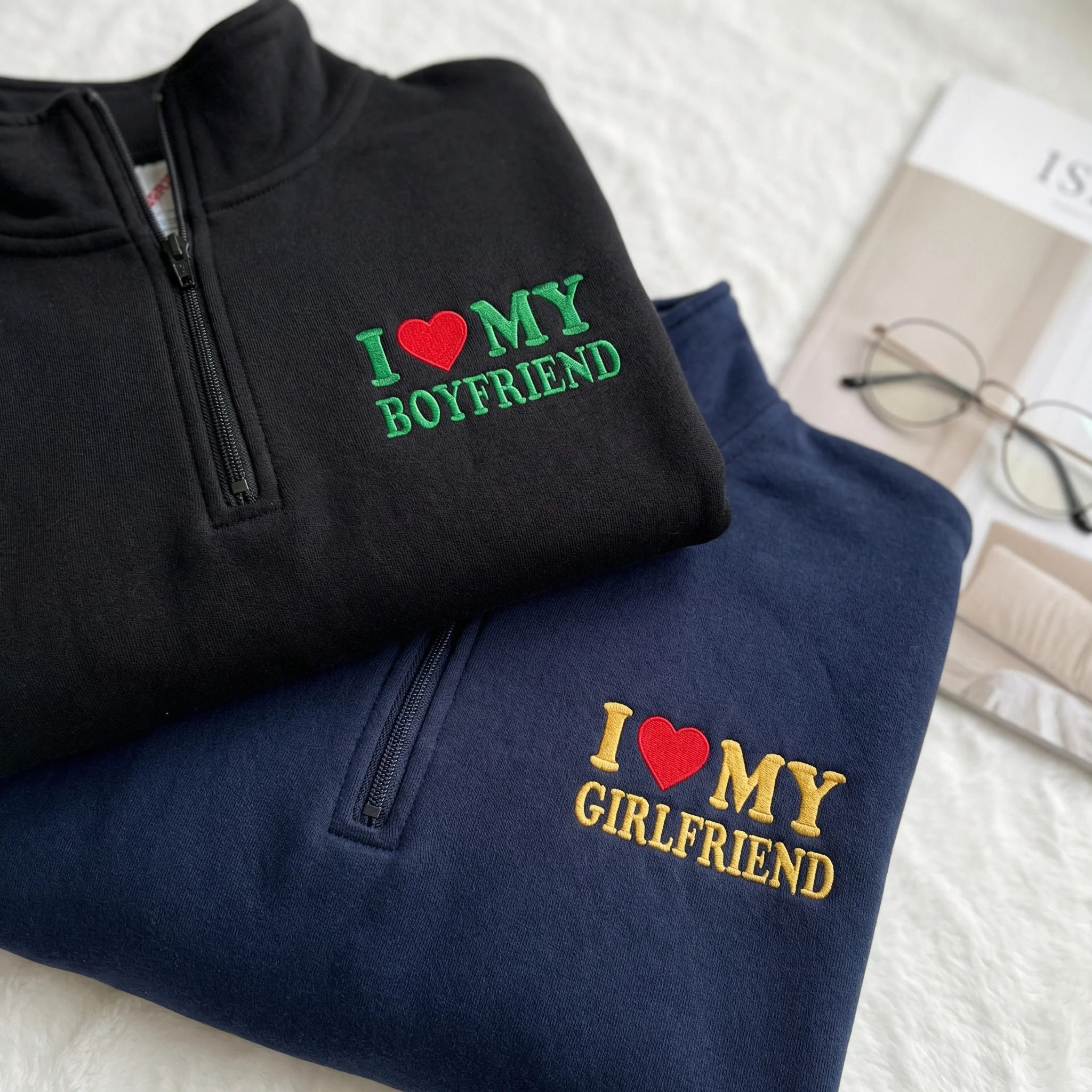 Custom Embroidered I Love My Boyfriend & I Love My Girlfriend Matching Quarter Zip Sweatshirts & Full-Zip Hoodie for Couples - Image 3