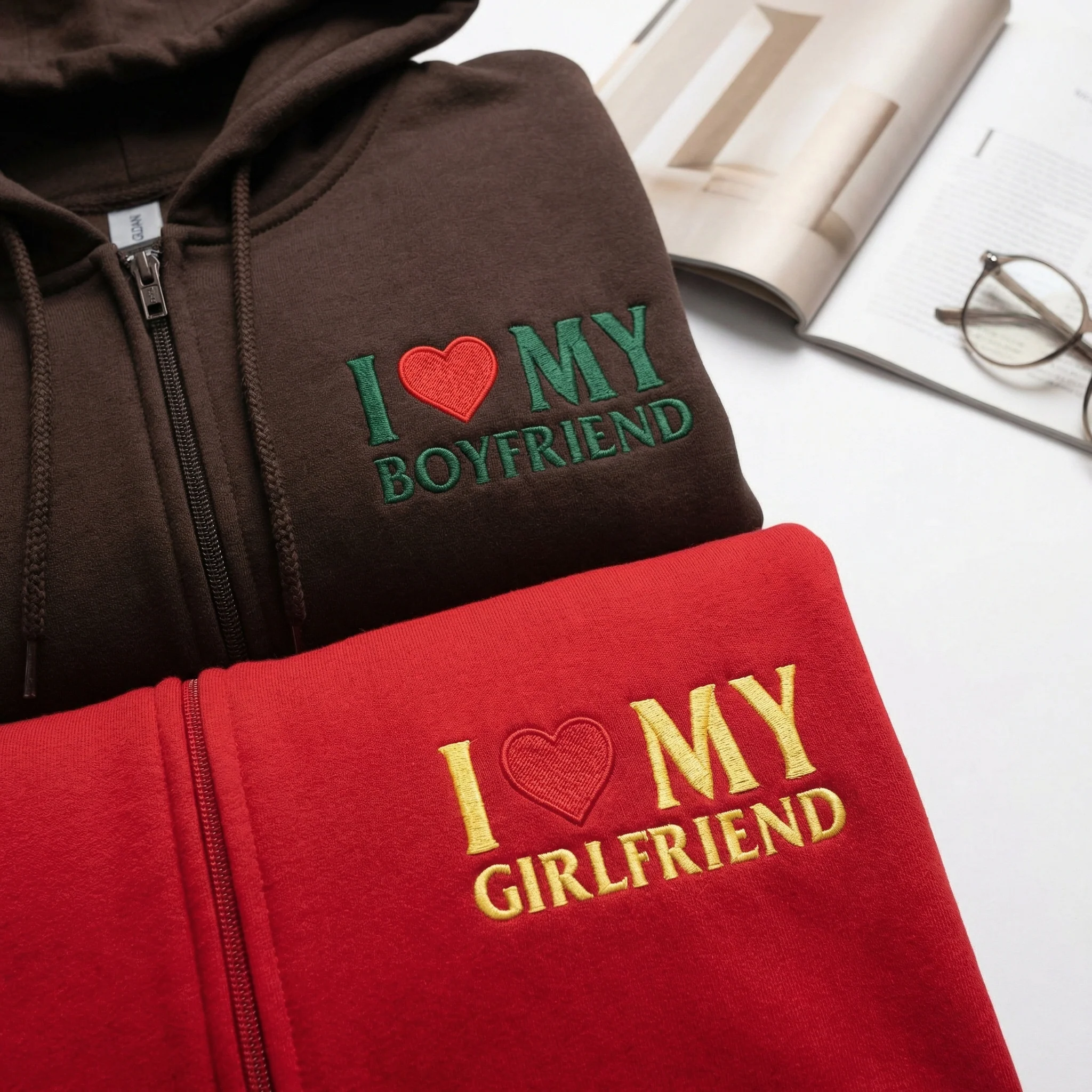 Custom Embroidered I Love My Boyfriend & I Love My Girlfriend Matching Quarter Zip Sweatshirts & Full-Zip Hoodie for Couples - Image 4