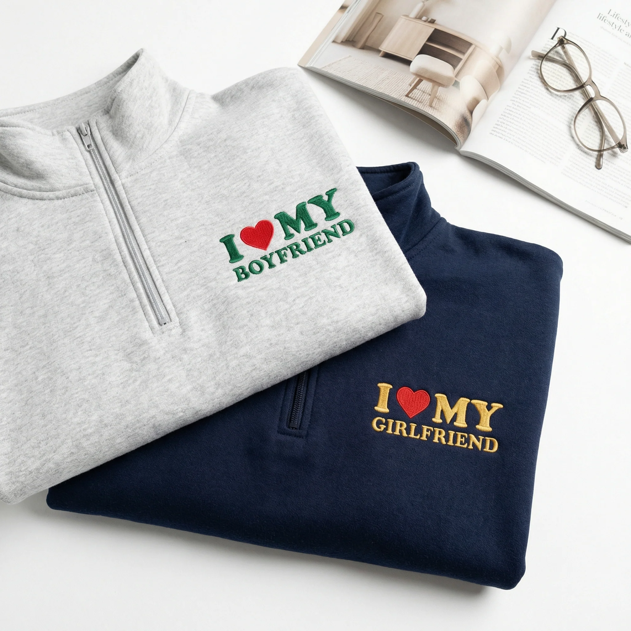 Custom Embroidered I Love My Boyfriend & I Love My Girlfriend Matching Quarter Zip Sweatshirts & Full-Zip Hoodie for Couples - Image 5