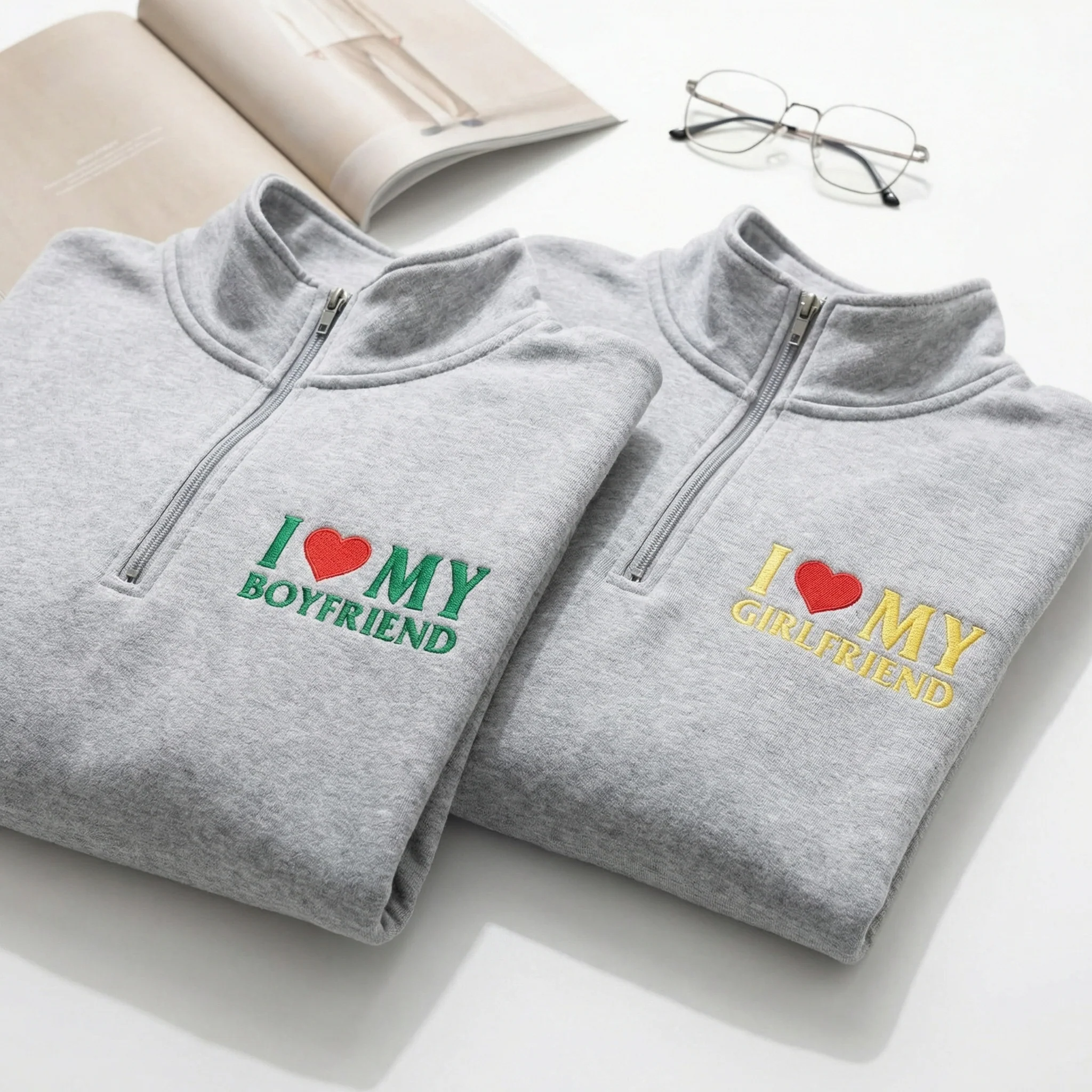 Custom Embroidered I Love My Boyfriend & I Love My Girlfriend Matching Quarter Zip Sweatshirts & Full-Zip Hoodie for Couples - Image 6