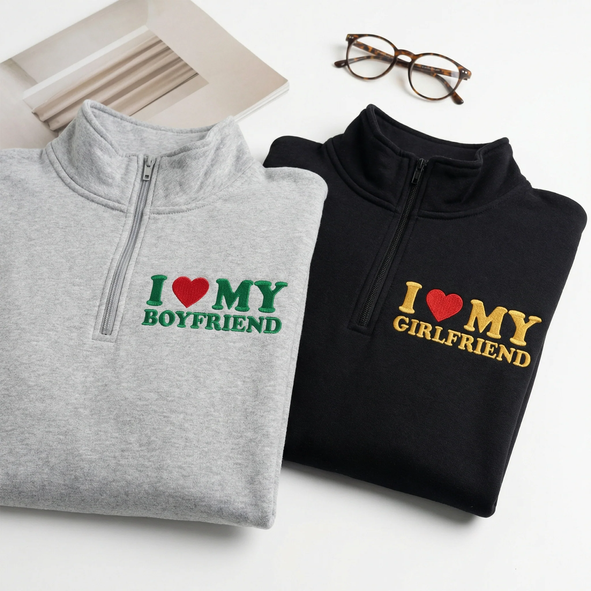 Custom Embroidered I Love My Boyfriend & I Love My Girlfriend Matching Quarter Zip Sweatshirts & Full-Zip Hoodie for Couples - Image 7