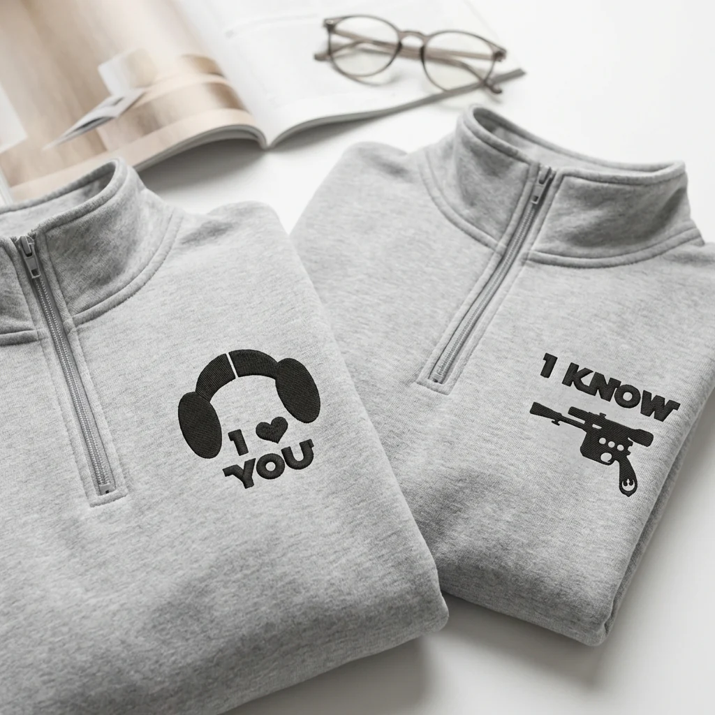 Custom Embroidered I Love You I Know Inspired Matching Quarter Zip Sweatshirts & Full-Zip Hoodie for Couples - Image 3