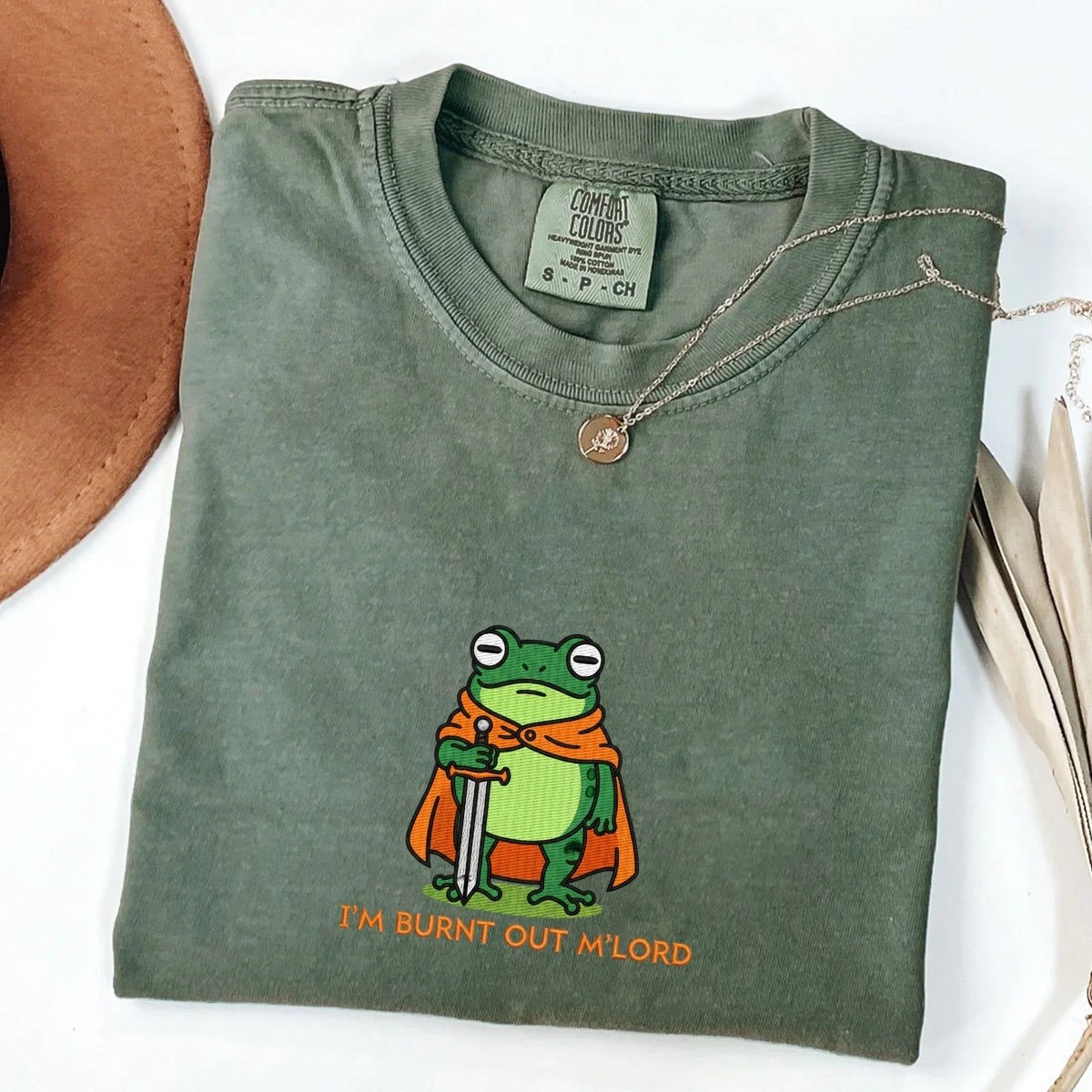 Custom Embroidered I’m Burnt Out, My Lord T-Shirt | Funny Knight Frog Tee – Medieval Meme Embroidered Gift - Image 3