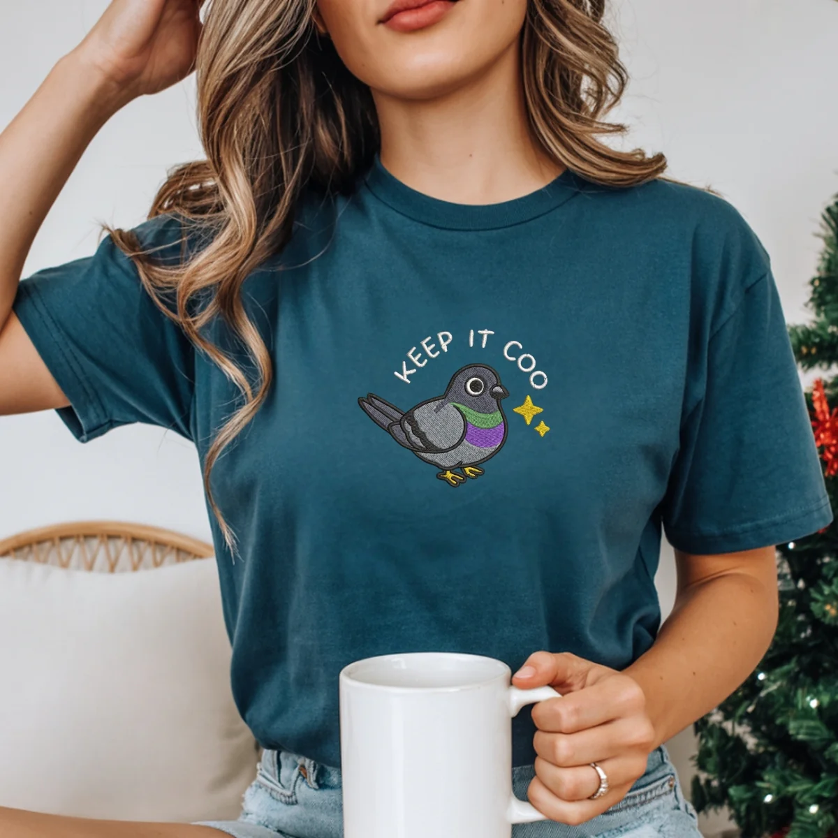 Custom Embroidered Keep It Coo T-Shirt – Funny Pigeon Embroidered Tee - Image 9