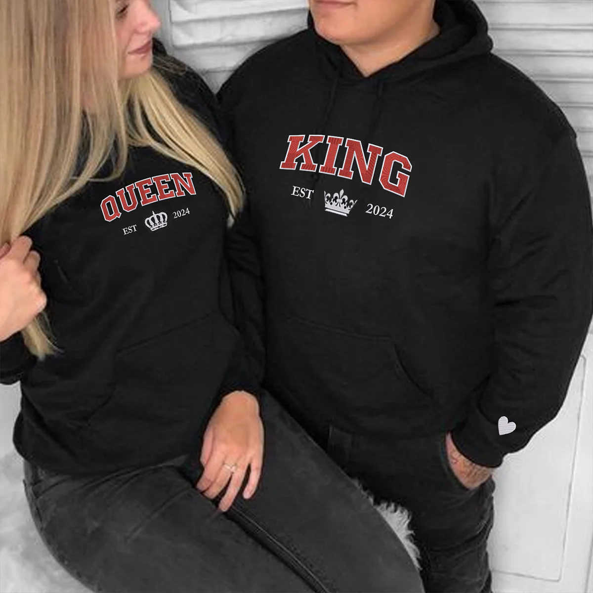 Custom Embroidered King and Queen Custom with Est Year Matching Hoodies for Couples - Image 3