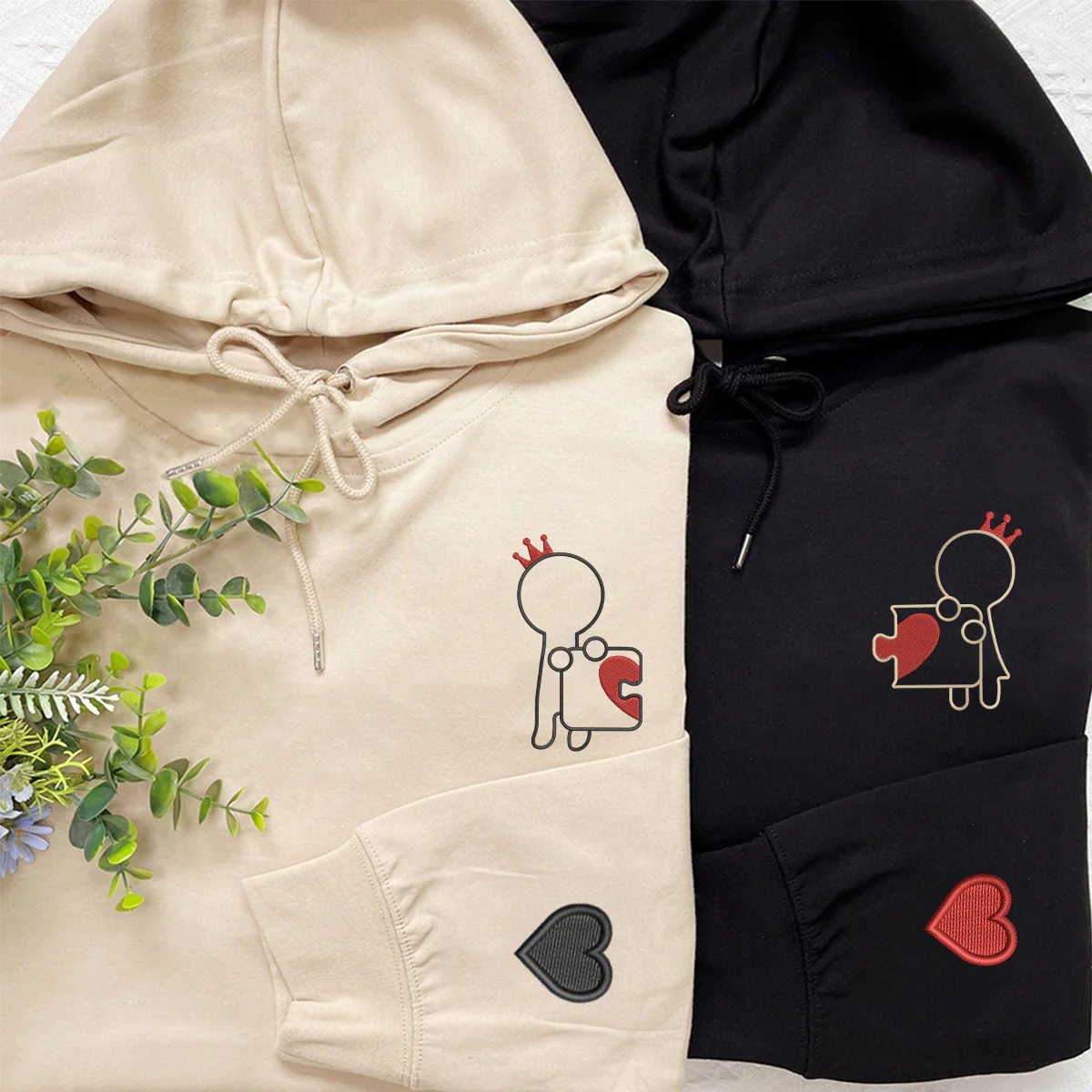 Custom Embroidered King and Queen Puzzle Love Matching Hoodies for Couples - Image 2
