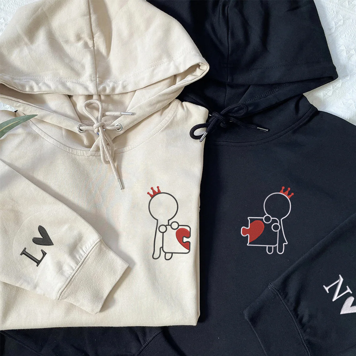 Custom Embroidered King and Queen Puzzle Love Matching Hoodies for Couples - Image 3
