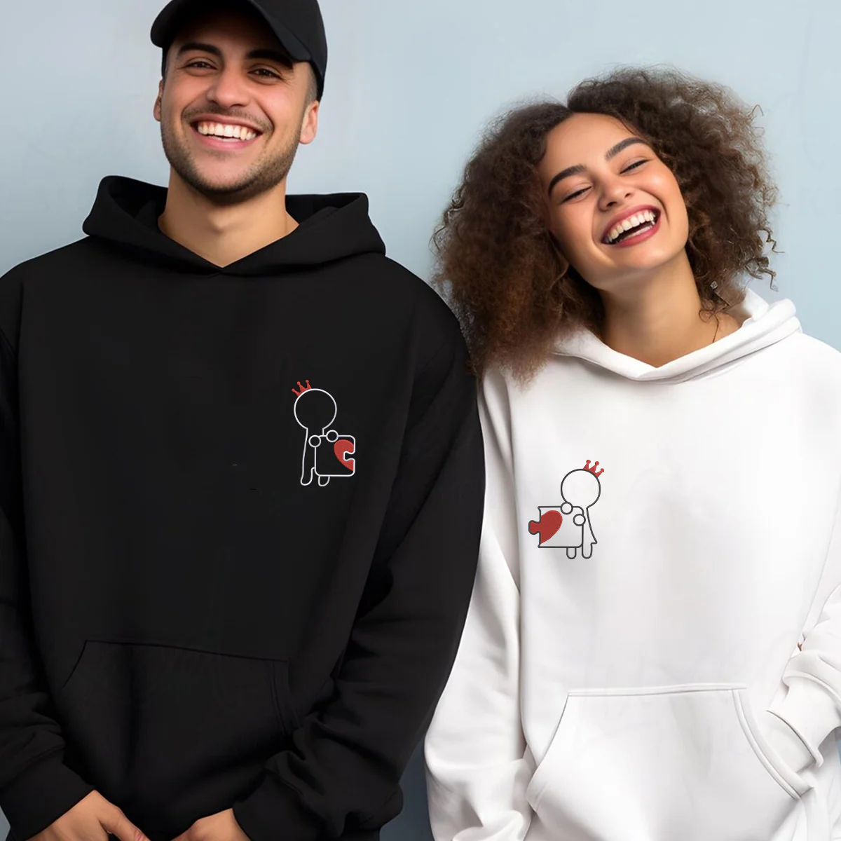 Custom Embroidered King and Queen Puzzle Love Matching Hoodies for Couples - Image 7