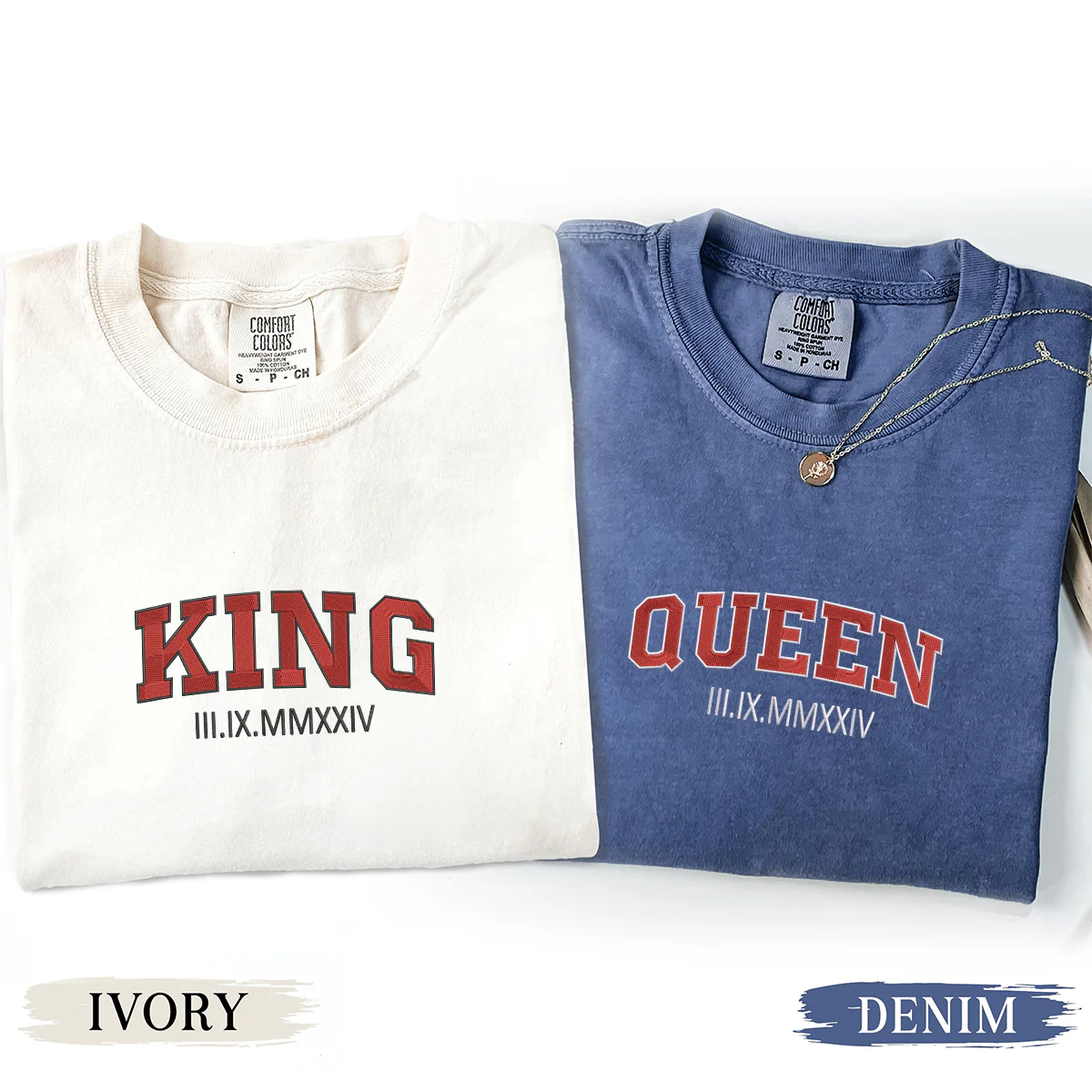 Custom Embroidered King and Queen Roman Numeral Matching T-shirts for Couples