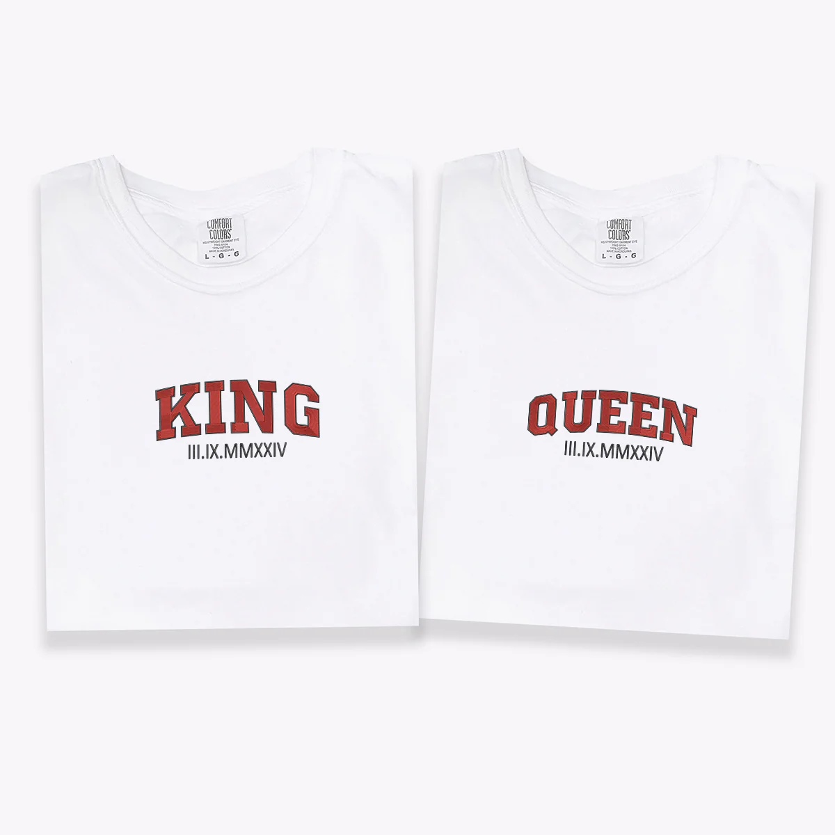 Custom Embroidered King and Queen Roman Numeral Matching T-shirts for Couples - Image 2