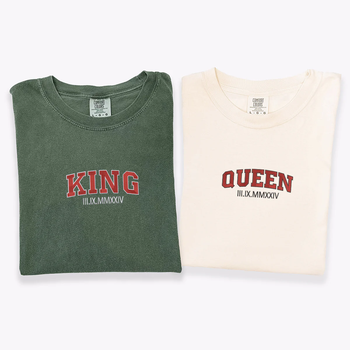 Custom Embroidered King and Queen Roman Numeral Matching T-shirts for Couples - Image 3