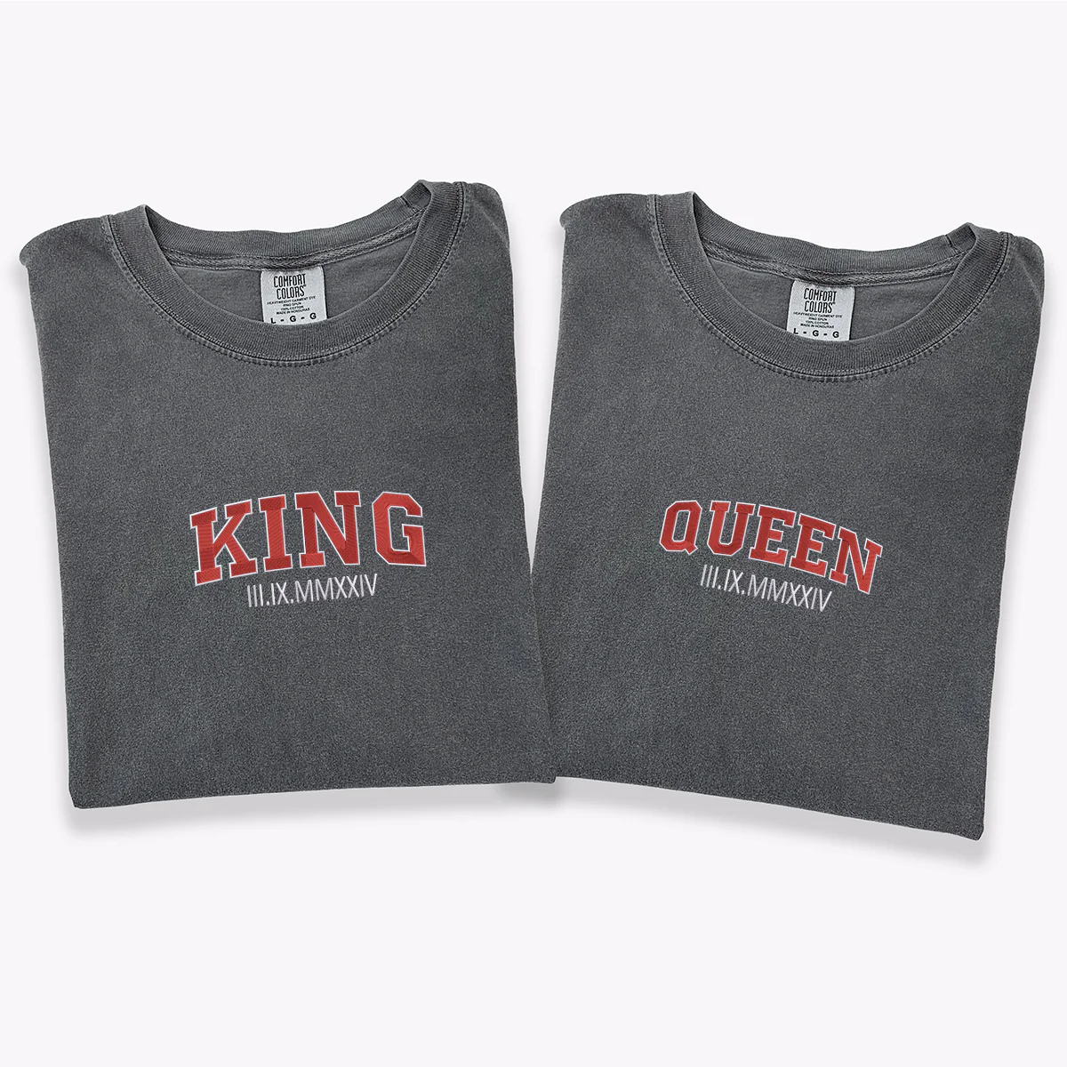 Custom Embroidered King and Queen Roman Numeral Matching T-shirts for Couples - Image 4