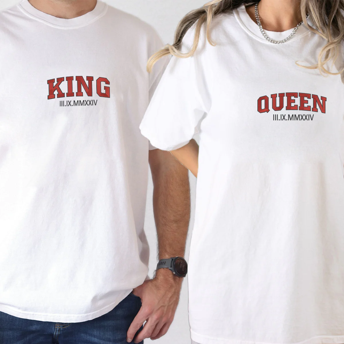 Custom Embroidered King and Queen Roman Numeral Matching T-shirts for Couples - Image 6