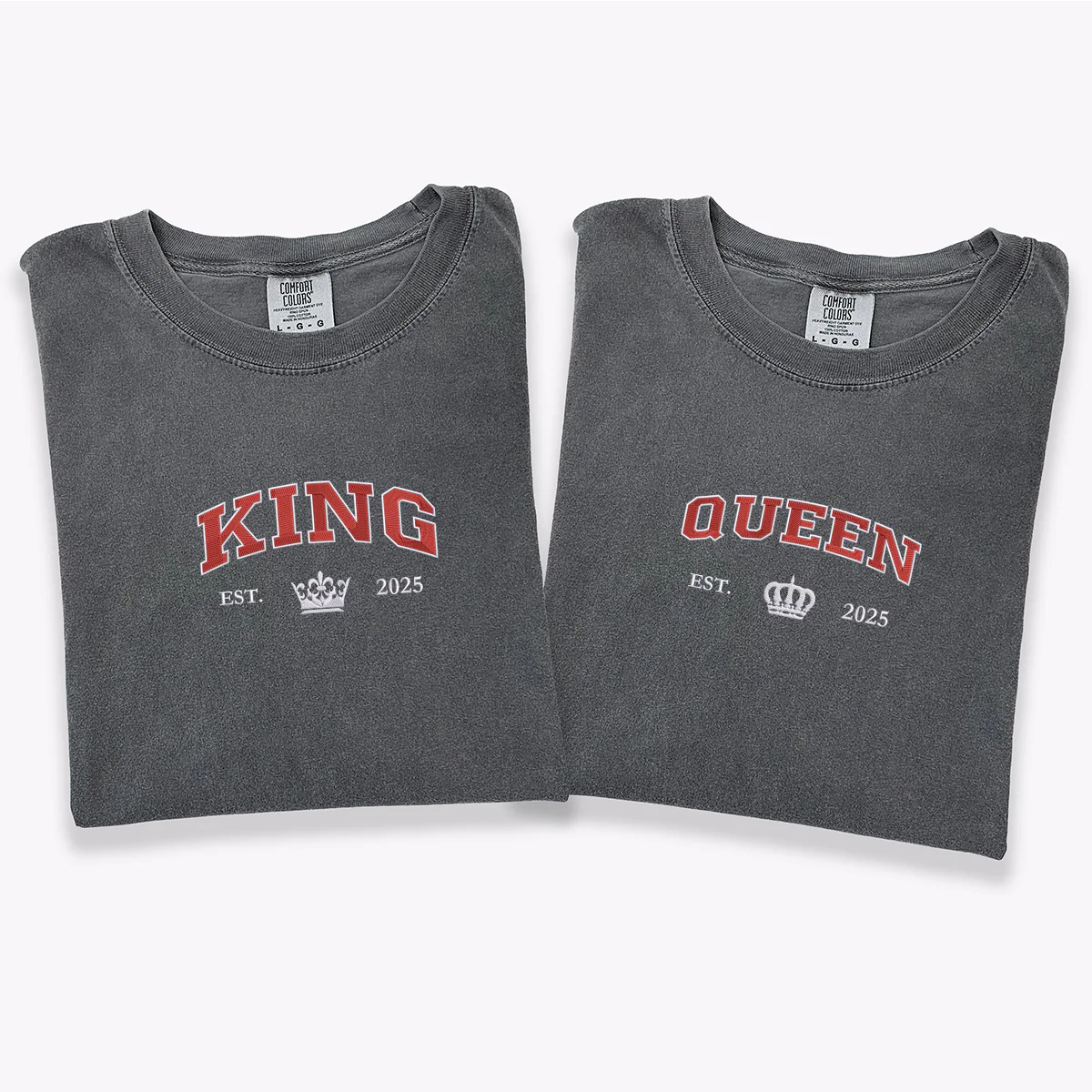 Custom Embroidered King and Queen with Est Year Matching T-shirts for Couples - Image 2