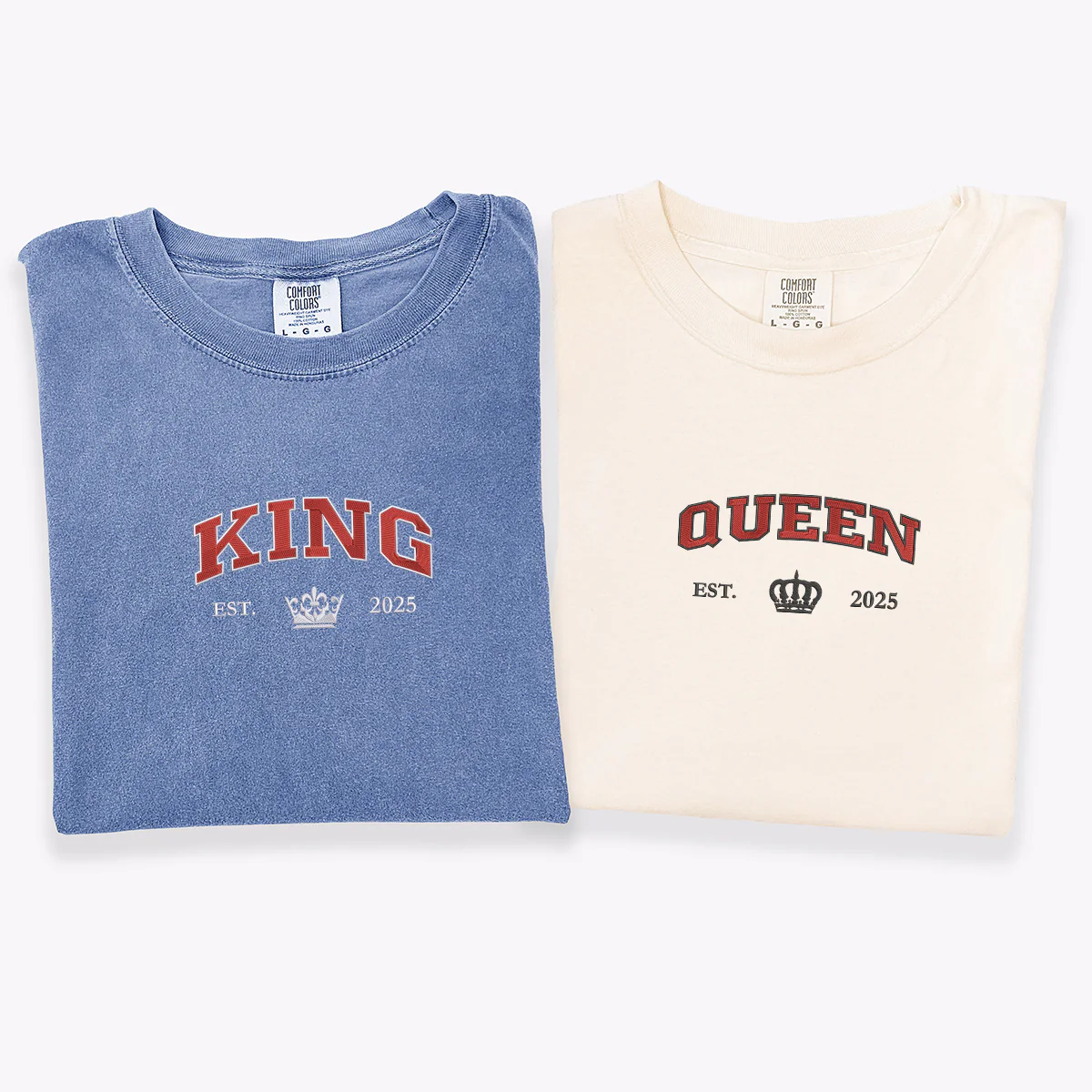 Custom Embroidered King and Queen with Est Year Matching T-shirts for Couples - Image 3