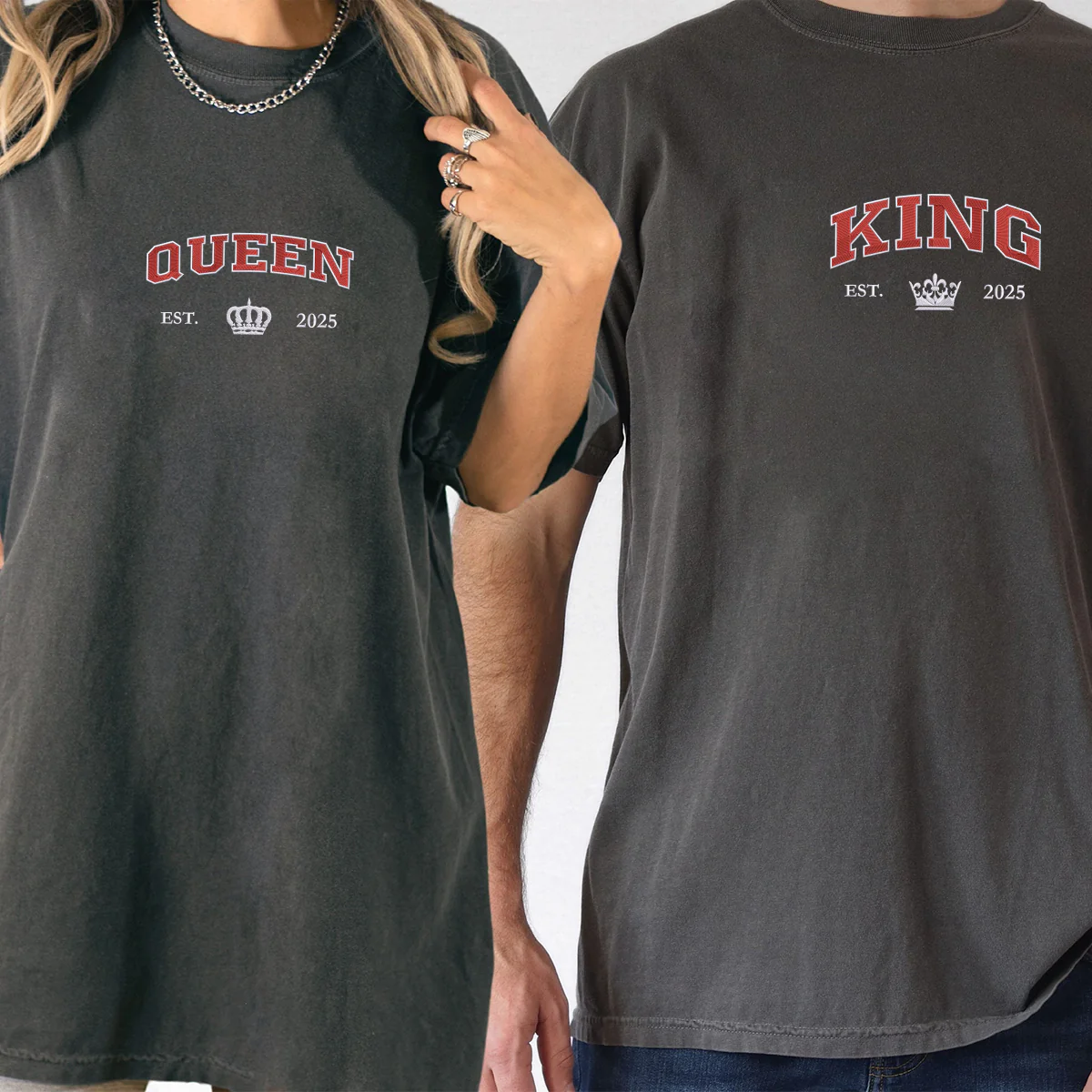 Custom Embroidered King and Queen with Est Year Matching T-shirts for Couples - Image 6