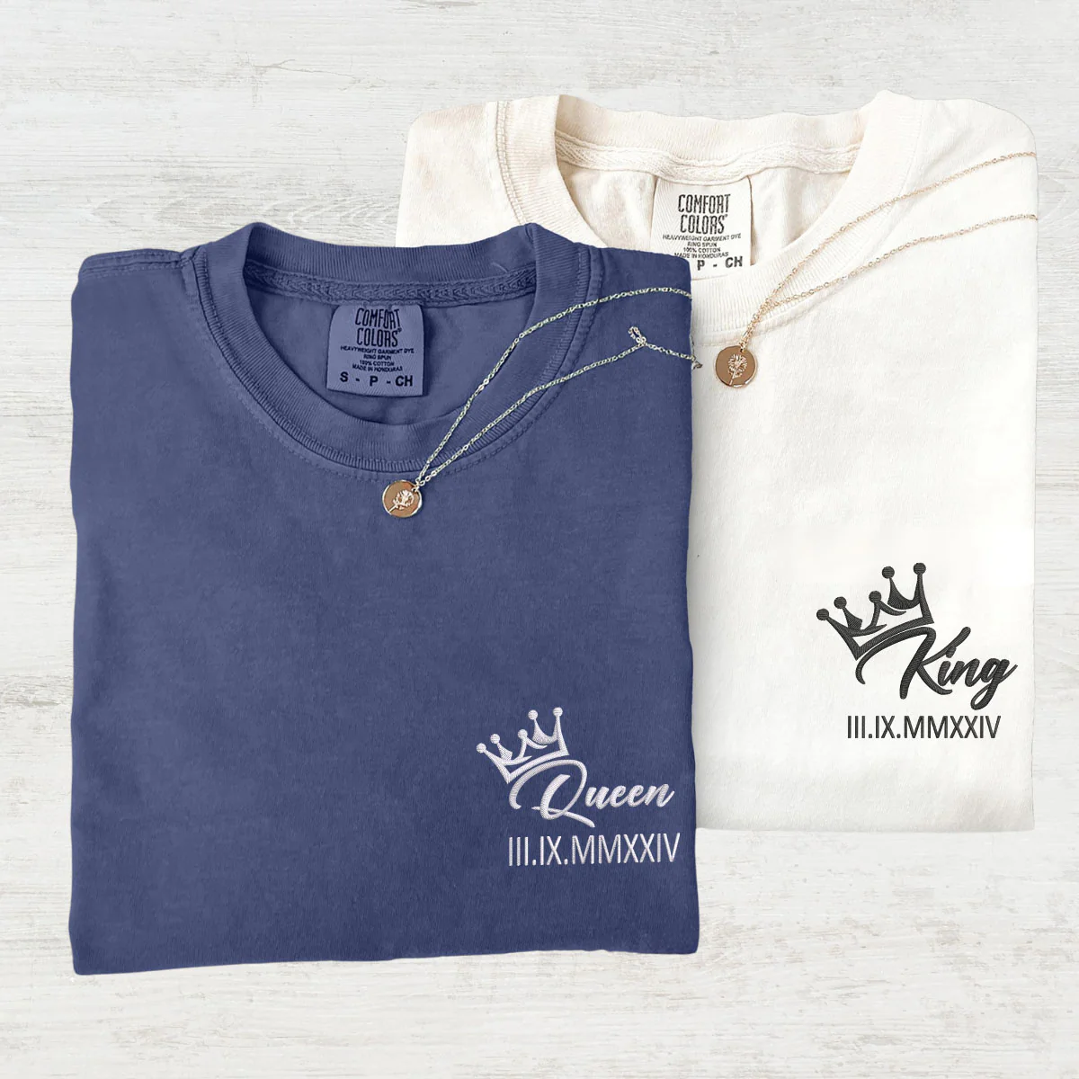 Custom Embroidered King x Queen Crown Roman Numeral Matching T-shirts for Couples - Image 2