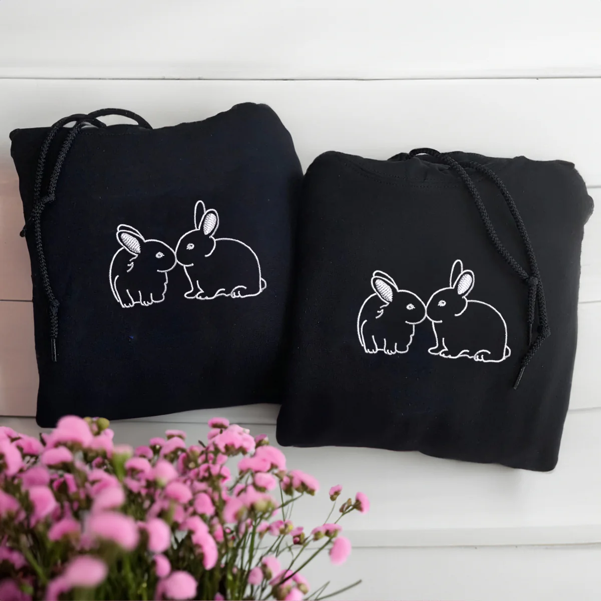 Custom Embroidered Kissing Bunnies Matching Hoodies for Couples - Image 4