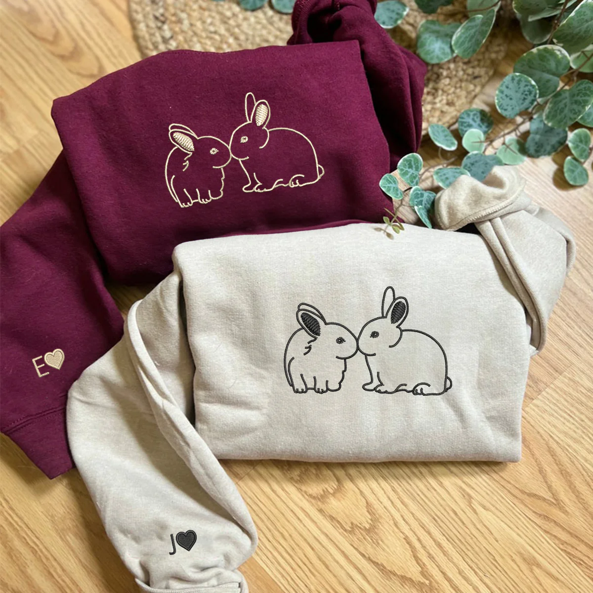 Custom Embroidered Kissing Bunnies Matching Hoodies for Couples - Image 5