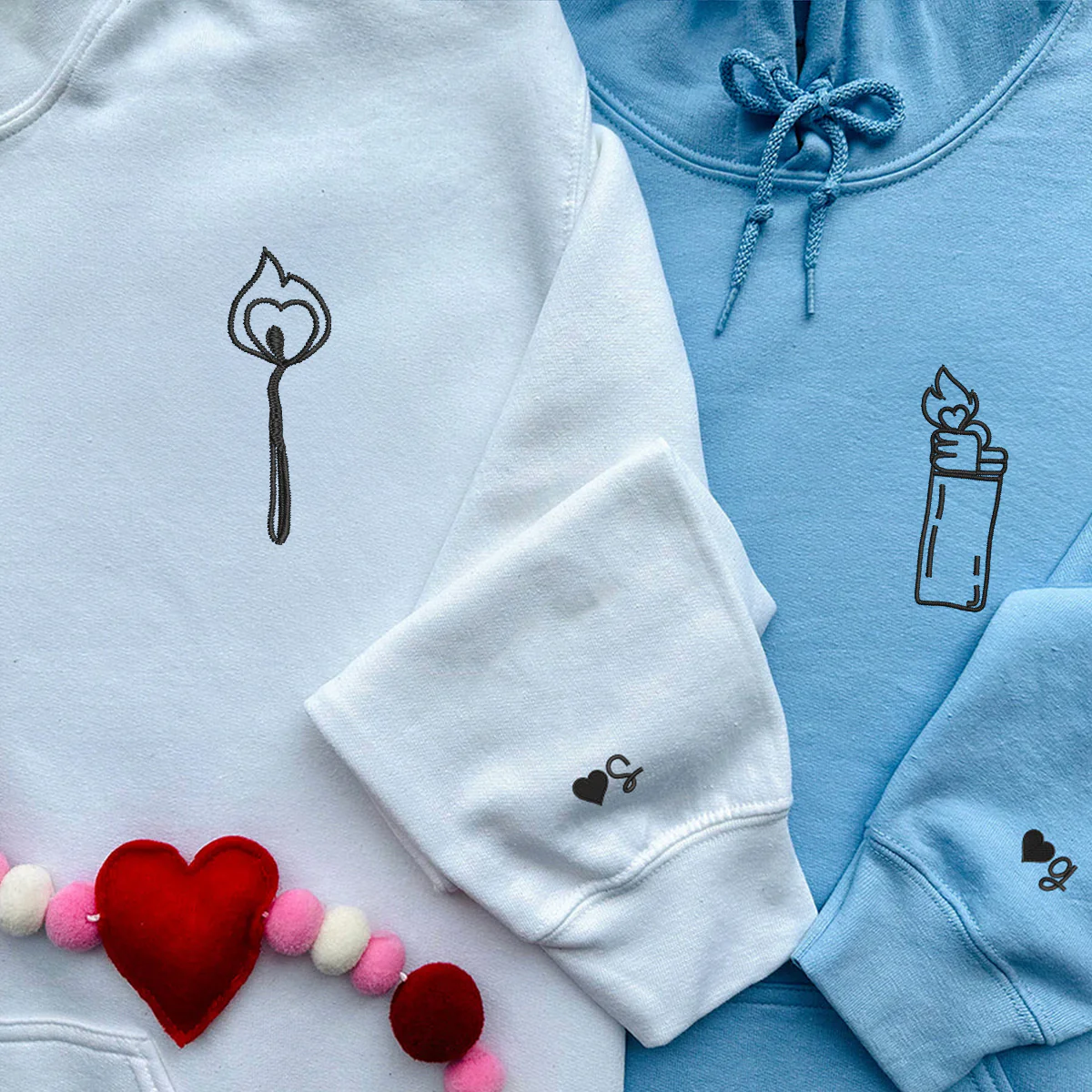 Custom Embroidered Lighter and Fire Matching Hoodies for Couples - Image 2