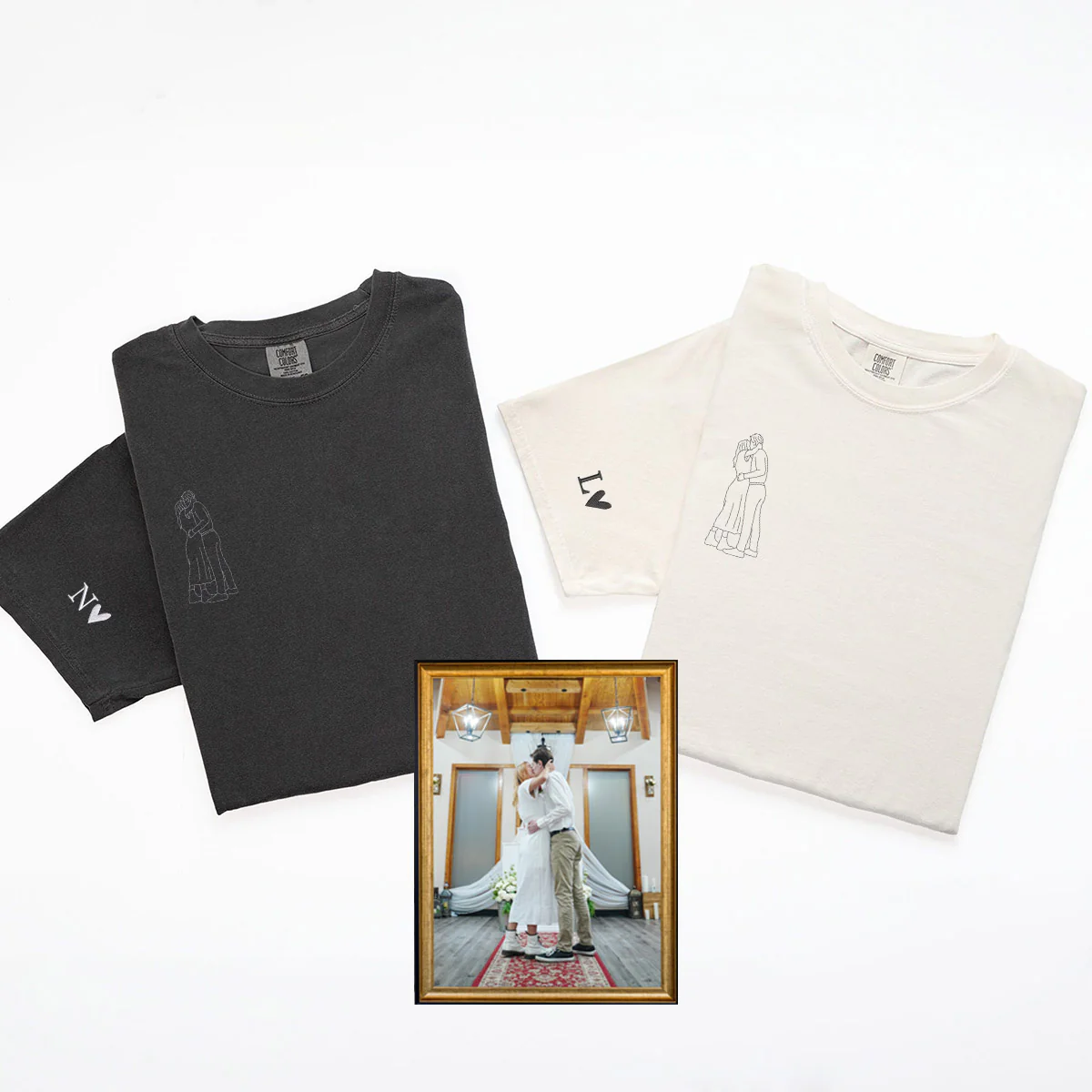 Custom Embroidered Line Art Photo Matching T-shirts for Couples - Image 3