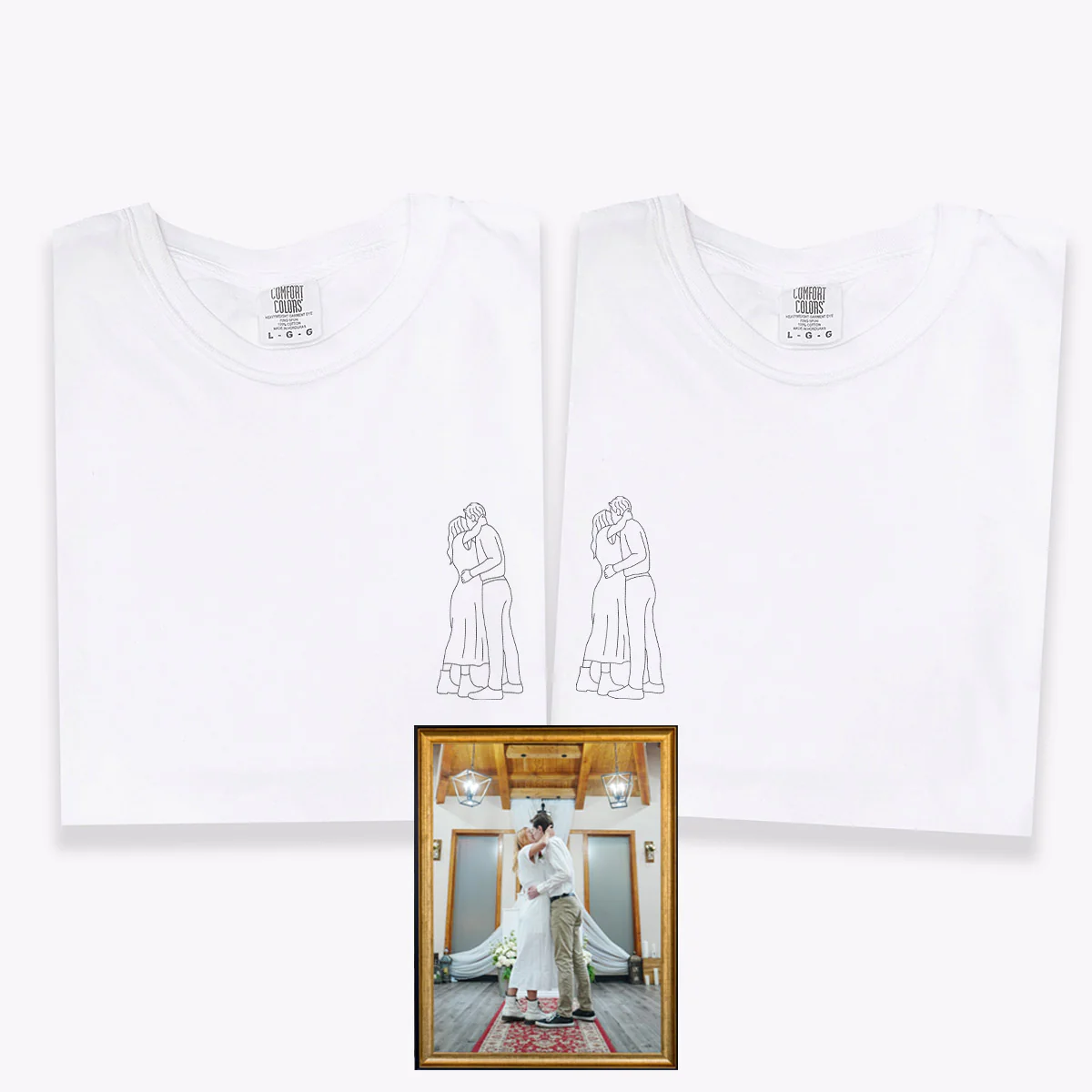 Custom Embroidered Line Art Photo Matching T-shirts for Couples - Image 4