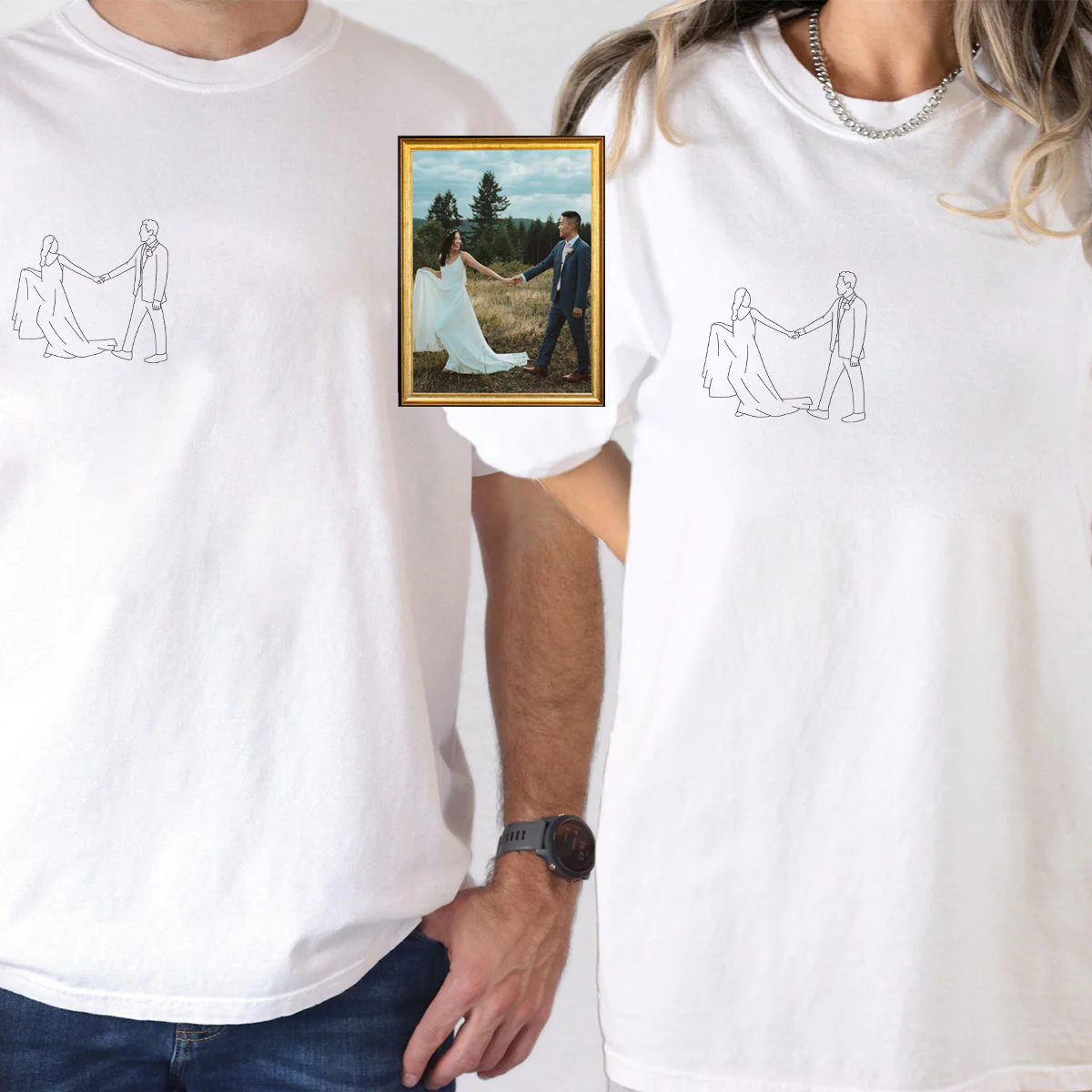 Custom Embroidered Line Art Photo Matching T-shirts for Couples - Image 5