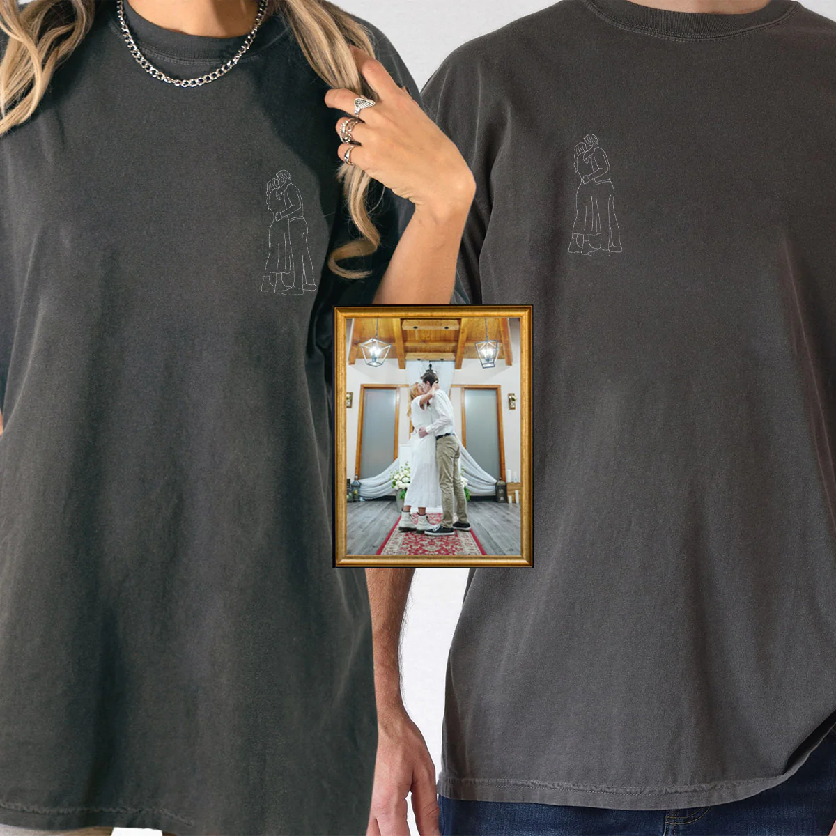 Custom Embroidered Line Art Photo Matching T-shirts for Couples - Image 6