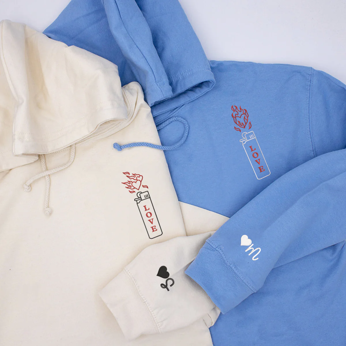 Custom Embroidered Love On Fire Matching Hoodies for Couples - Image 2