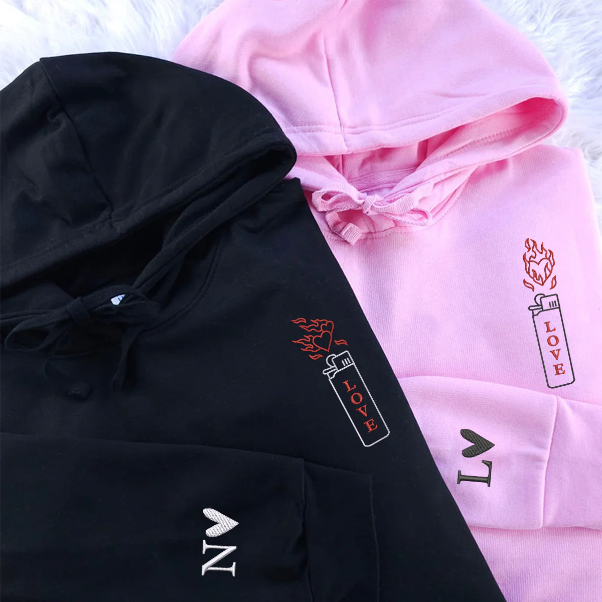Custom Embroidered Love On Fire Matching Hoodies for Couples - Image 3