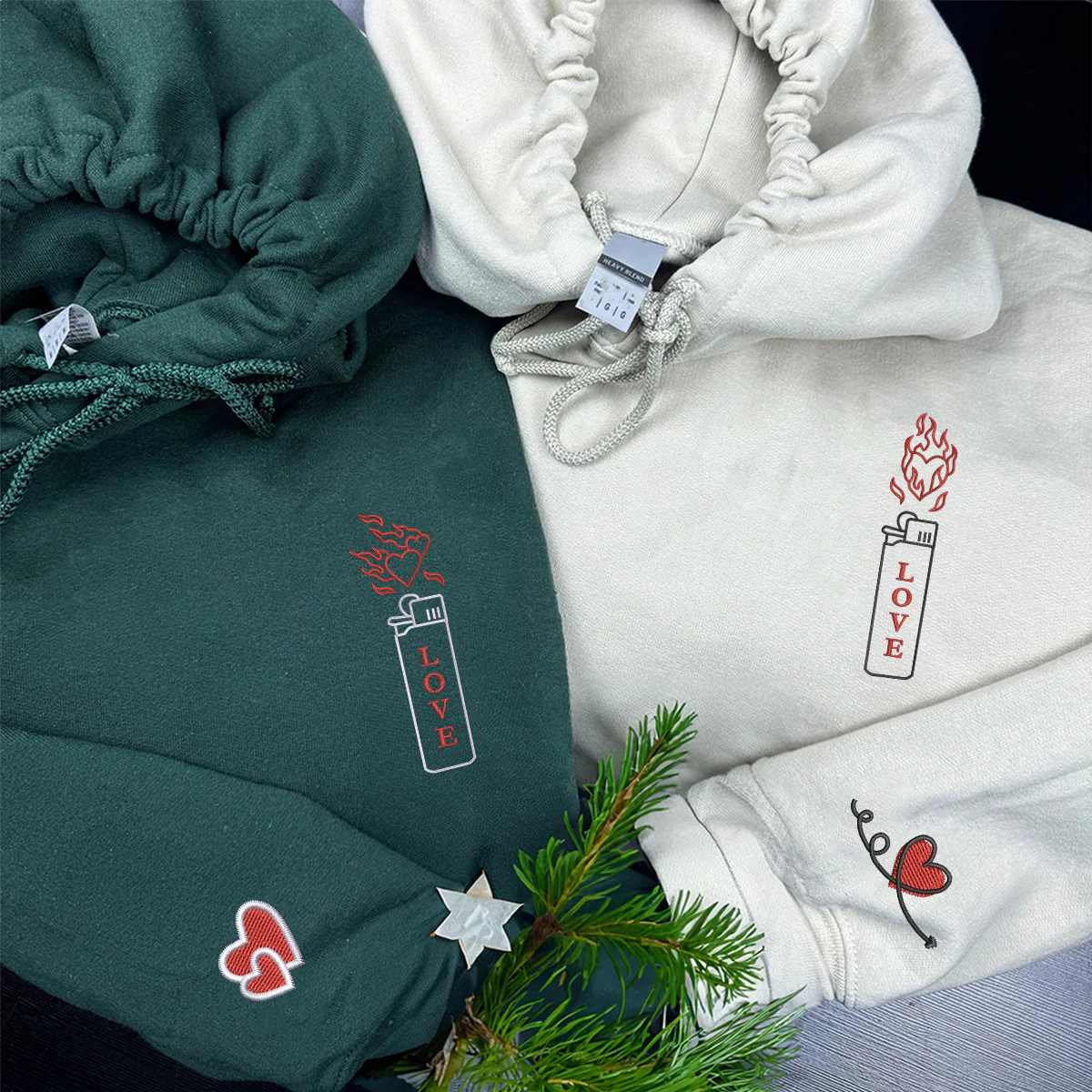 Custom Embroidered Love On Fire Matching Hoodies for Couples - Image 4