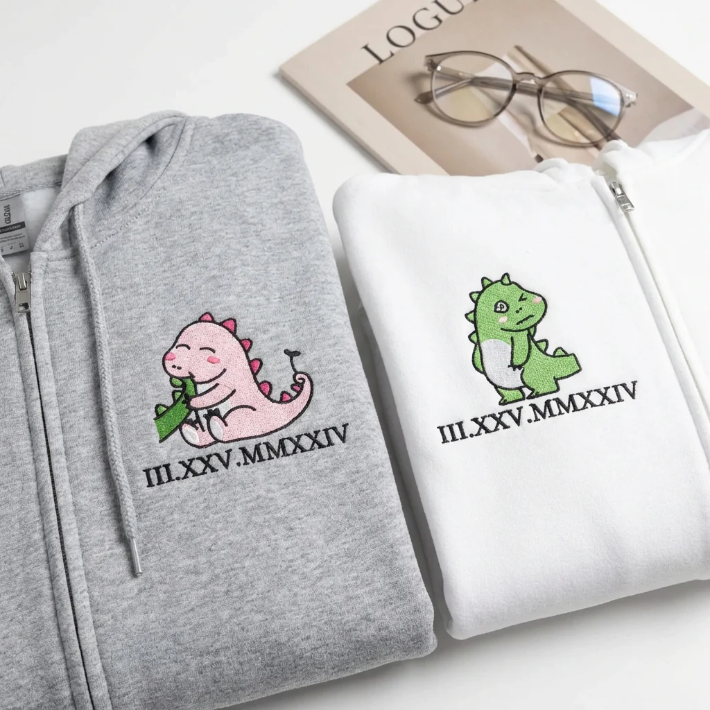 Custom Embroidered Lovely Couple Dinosaur Roman Numeral Matching Quarter Zip Sweatshirts & Full-Zip Hoodie for Couples - Image 5