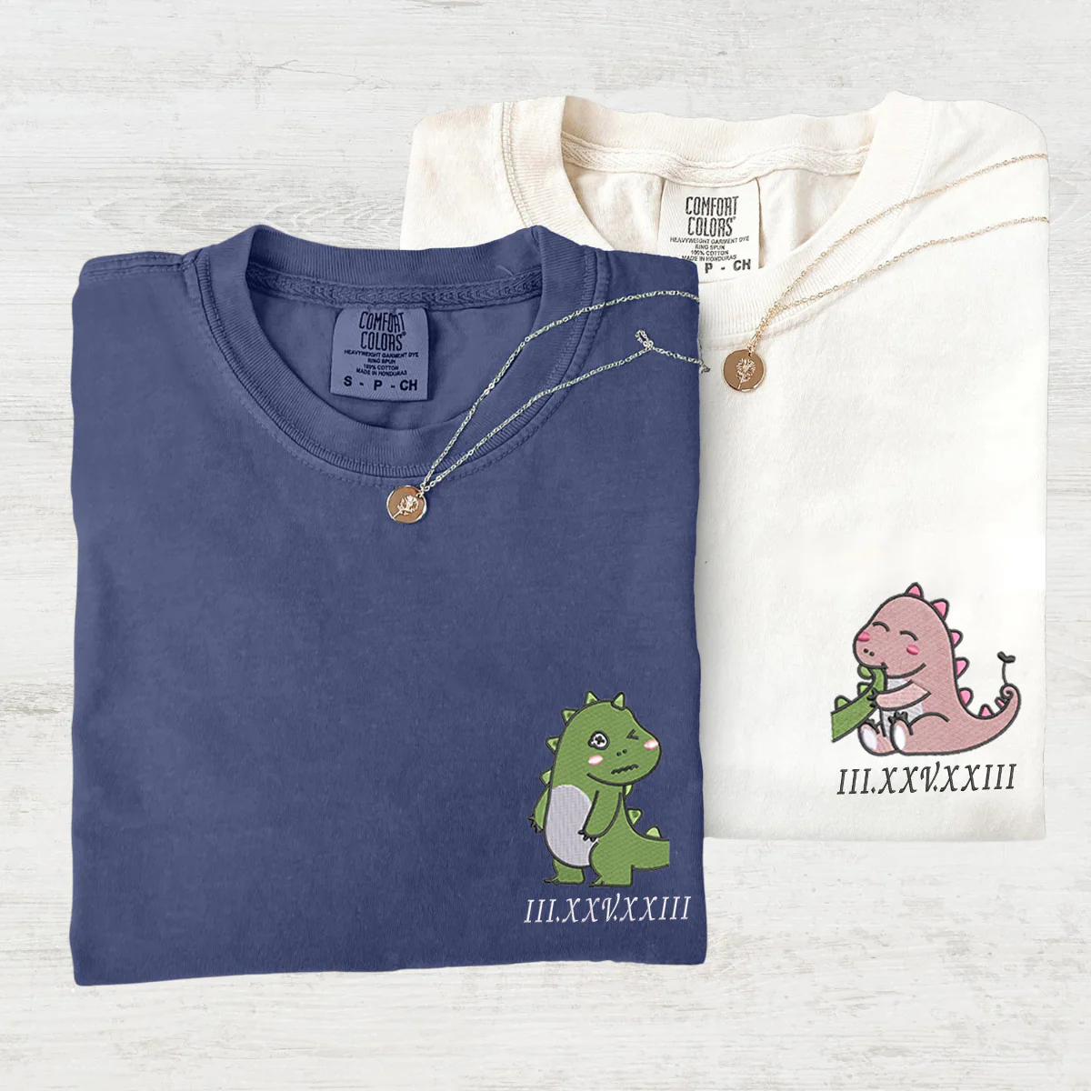 Custom Embroidered Lovely Dinosaur Roman Numeral Matching T-shirts for Couples - Image 2