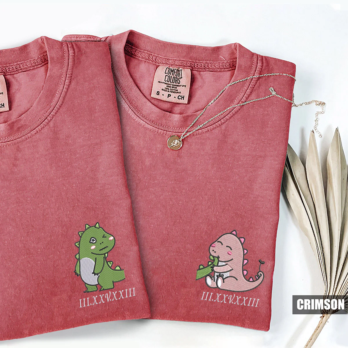 Custom Embroidered Lovely Dinosaur Roman Numeral Matching T-shirts for Couples - Image 3
