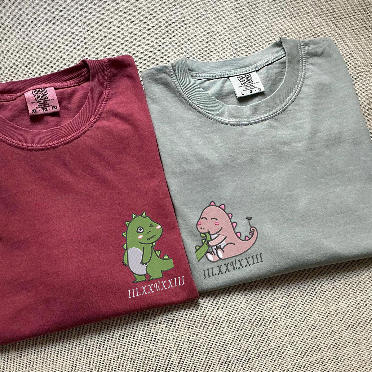 Custom Embroidered Lovely Dinosaur Roman Numeral Matching T-shirts for Couples - Image 4