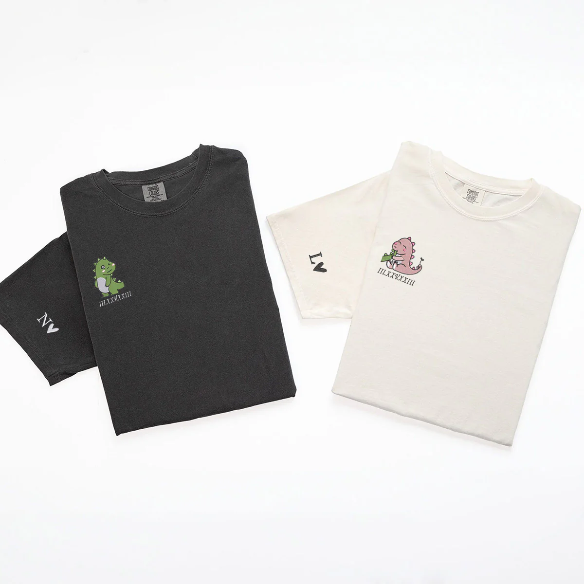 Custom Embroidered Lovely Dinosaur Roman Numeral Matching T-shirts for Couples - Image 5