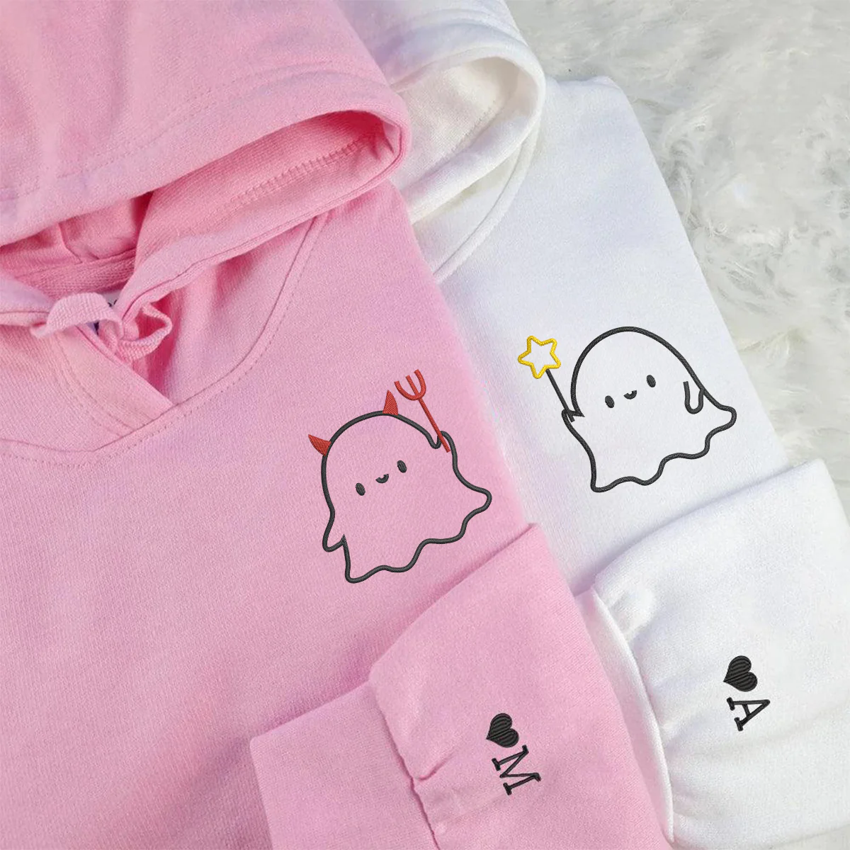 Custom Embroidered Lovely Ghost Matching Hoodies for Couples - Image 2