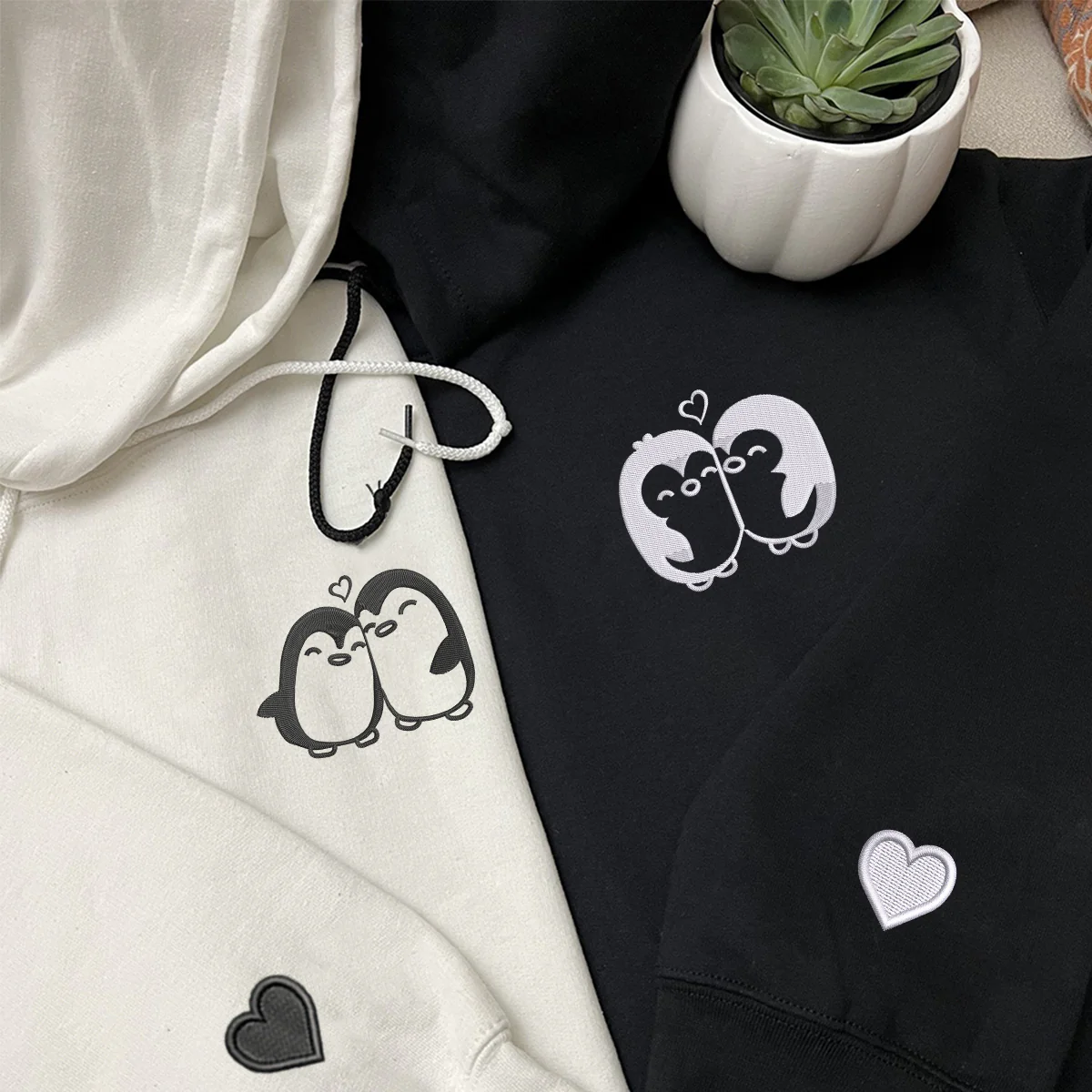 Custom Embroidered Lovely Penguin Matching Hoodies for Couples - Image 2